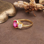 Classic Vintage 4-Prong Round Cut Ruby Three-Stone Wedding Ring - Additional view