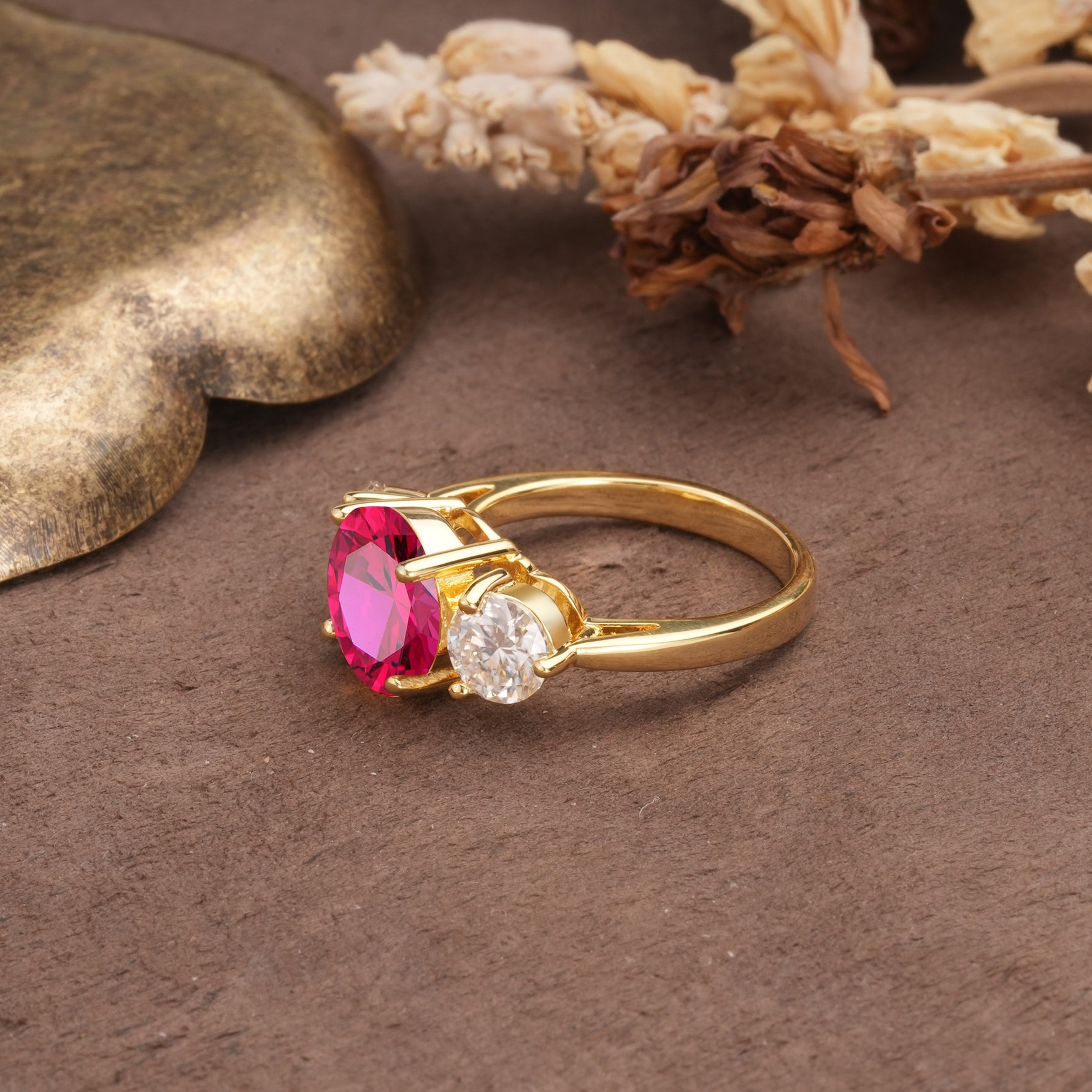 Classic Vintage 4-Prong Round Cut Ruby Three-Stone Wedding Ring - Additional view