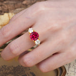 Classic Vintage 4-Prong Round Cut Ruby Three-Stone Wedding Ring - Additional view