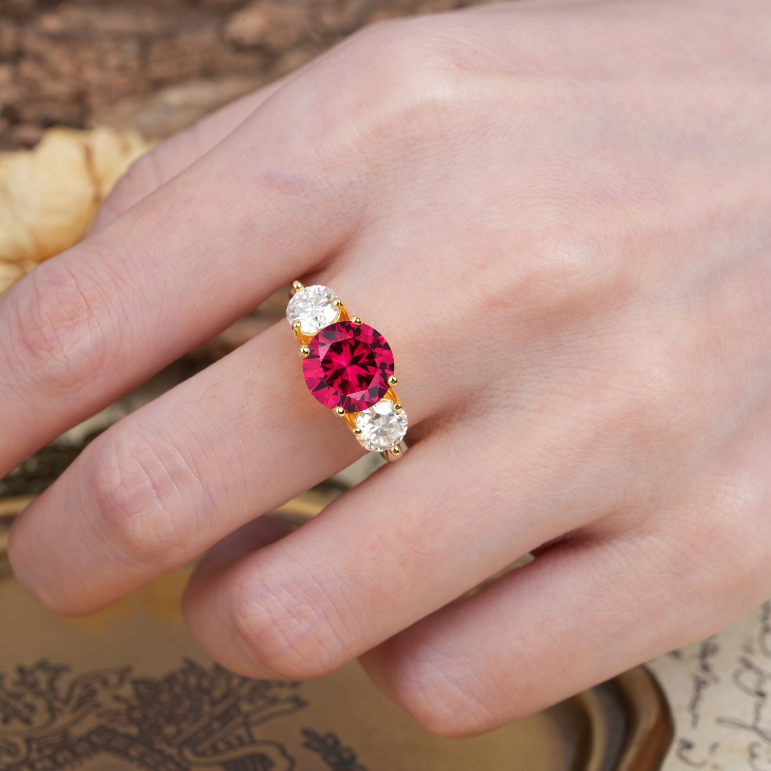 Classic Vintage 4-Prong Round Cut Ruby Three-Stone Wedding Ring - Additional view