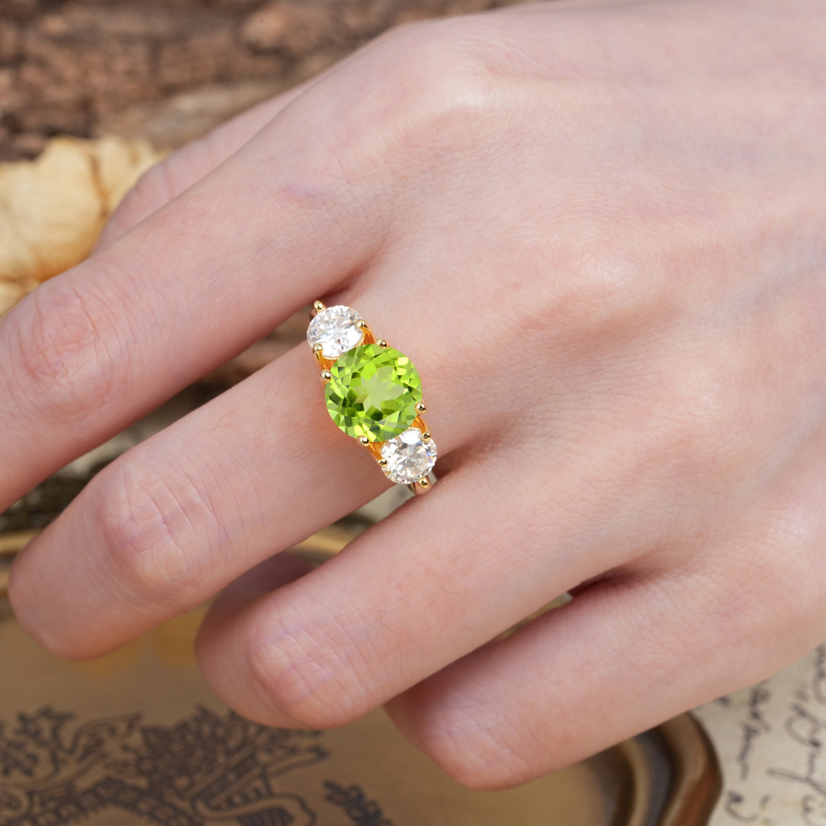 Classic Vintage 4-Prong Round Cut Peridot Three-Stone Wedding Ring - Additional view
