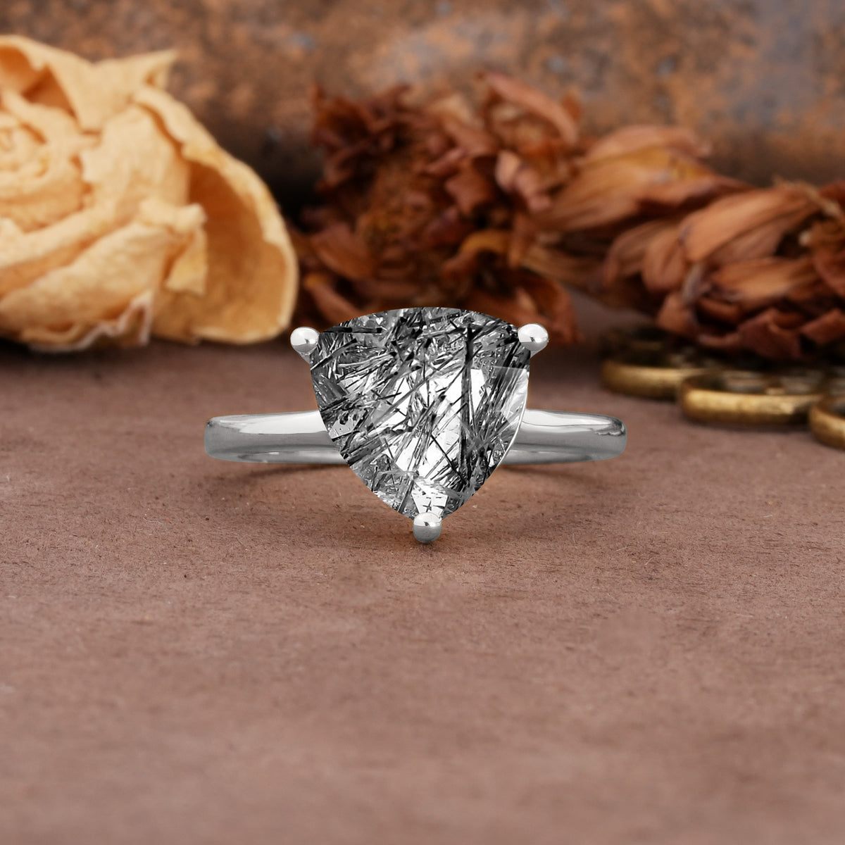 Unique, Minimalist 3-Prong Setting with Heart Cut Black Rutilated Quartz Engagement Ring - Additional view