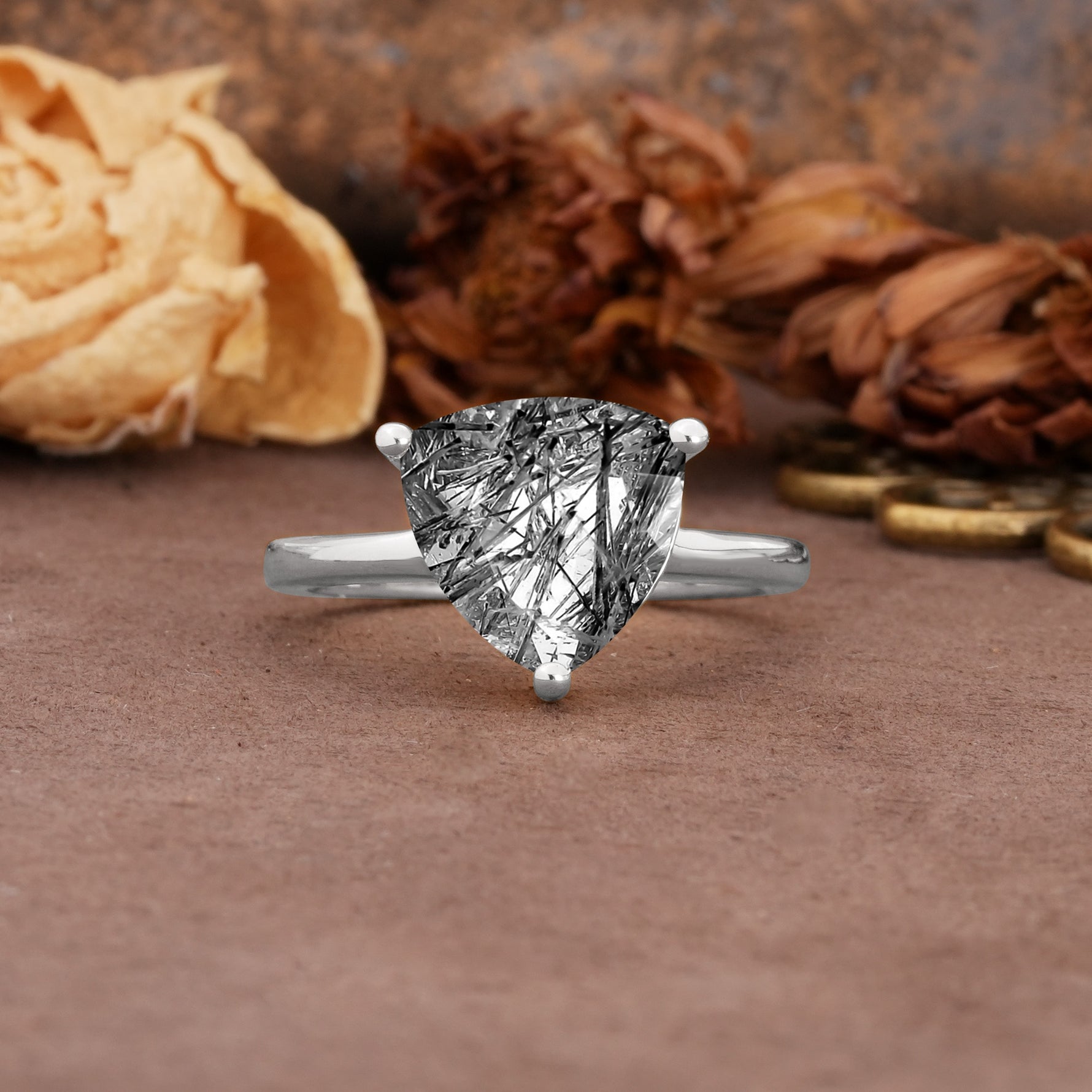 Unique, Minimalist 3-Prong Setting with Heart Cut Black Rutilated Quartz Engagement Ring - Additional view