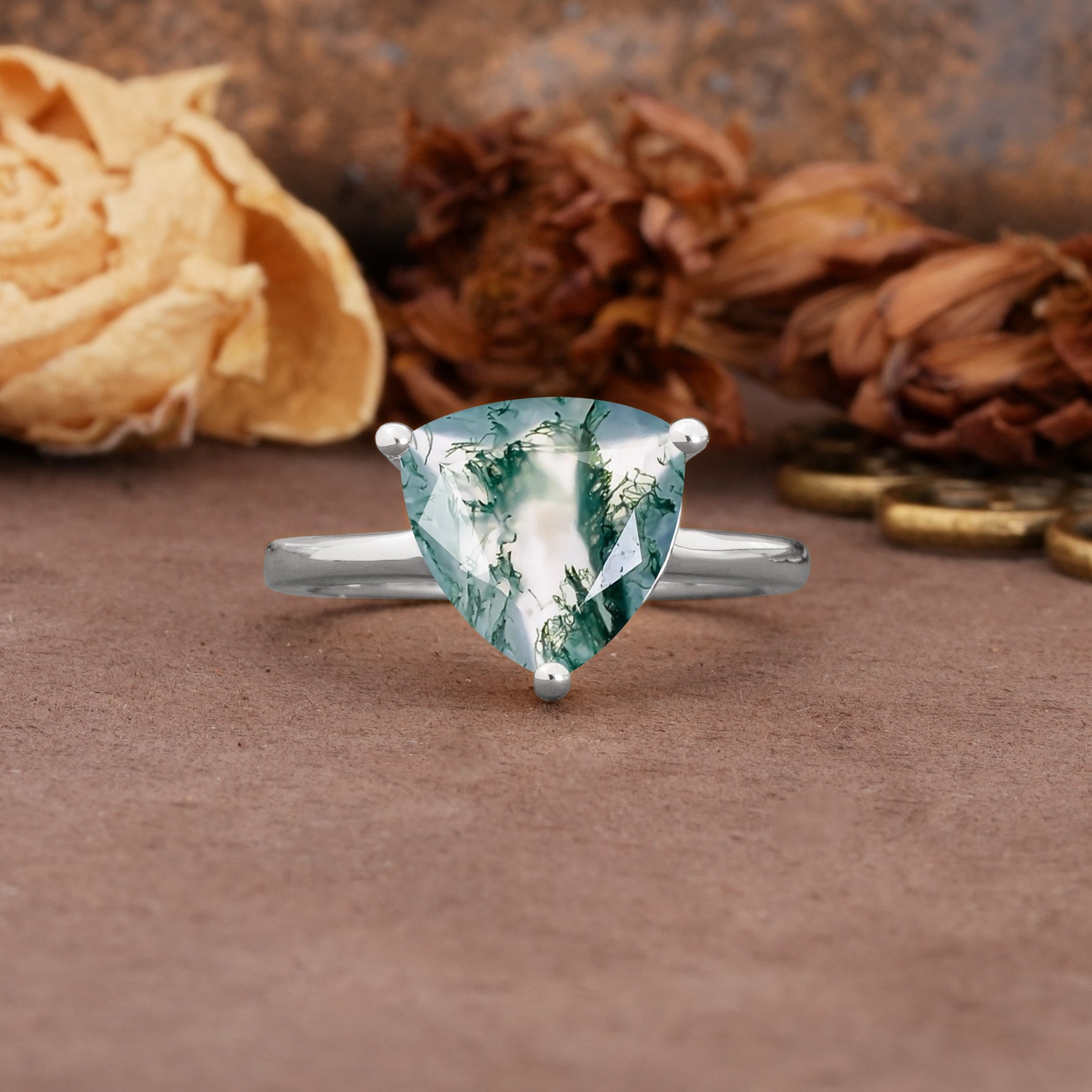Unique, Minimalist 3-Prong Setting with Heart Cut Moss Agate Engagement Ring - Additional view