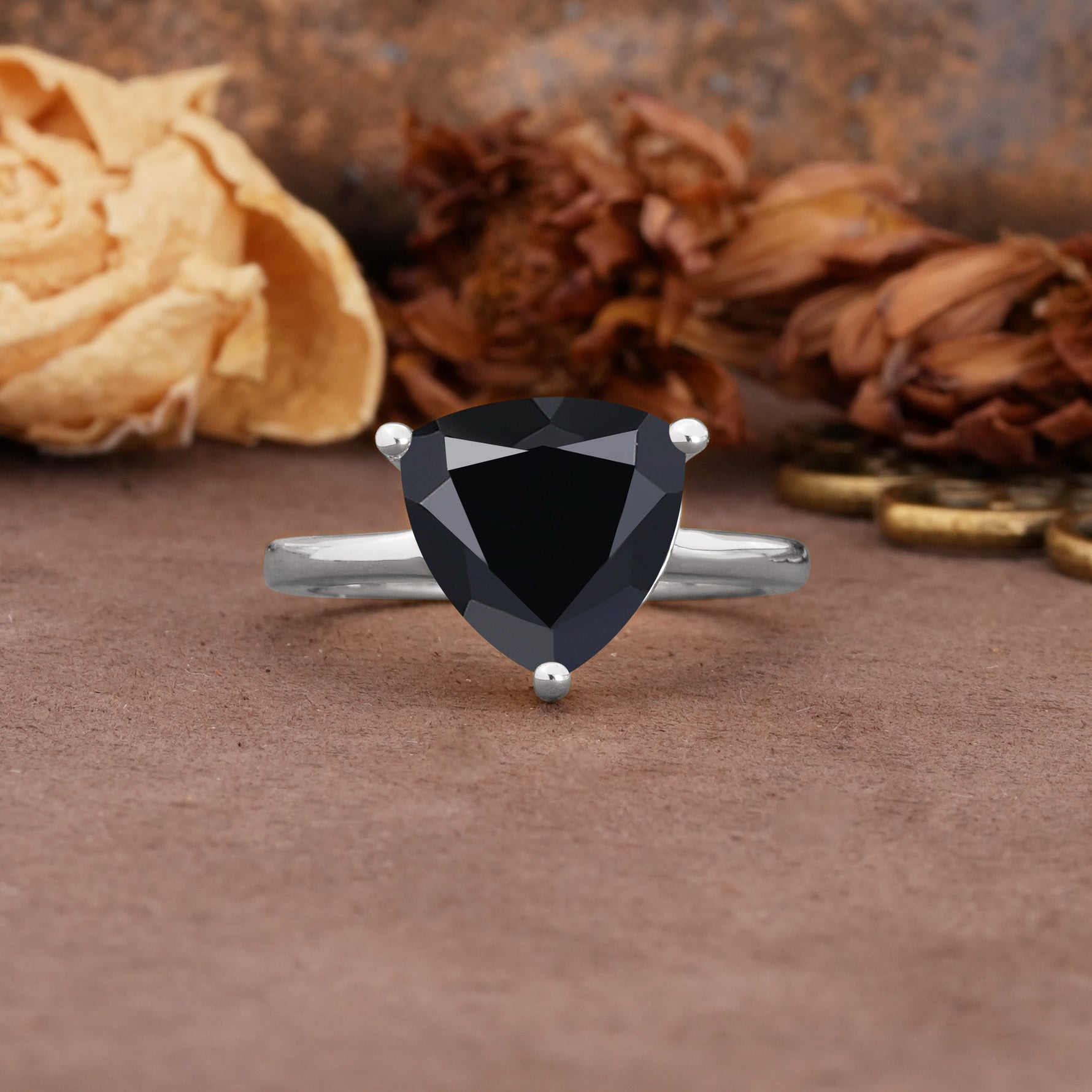 Unique, Minimalist 3-Prong Setting with Heart Cut Black Onyx Engagement Ring - Additional view