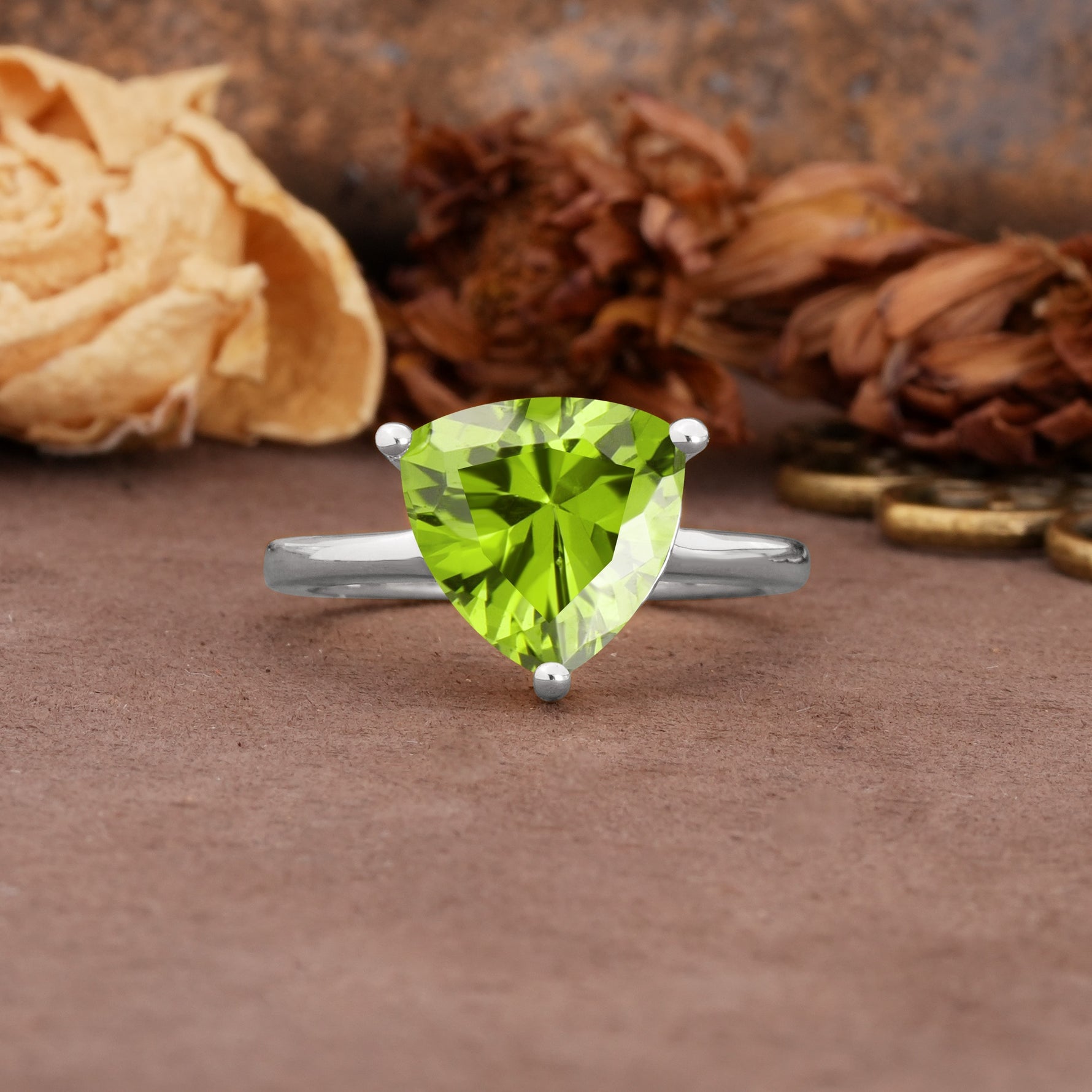 Unique, Minimalist 3-Prong Setting with Heart Cut Peridot Engagement Ring - Additional view