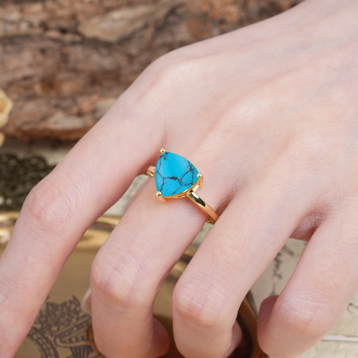 Unique, Minimalist 3-Prong Setting with Heart Cut Turquoise Engagement Ring - Additional view