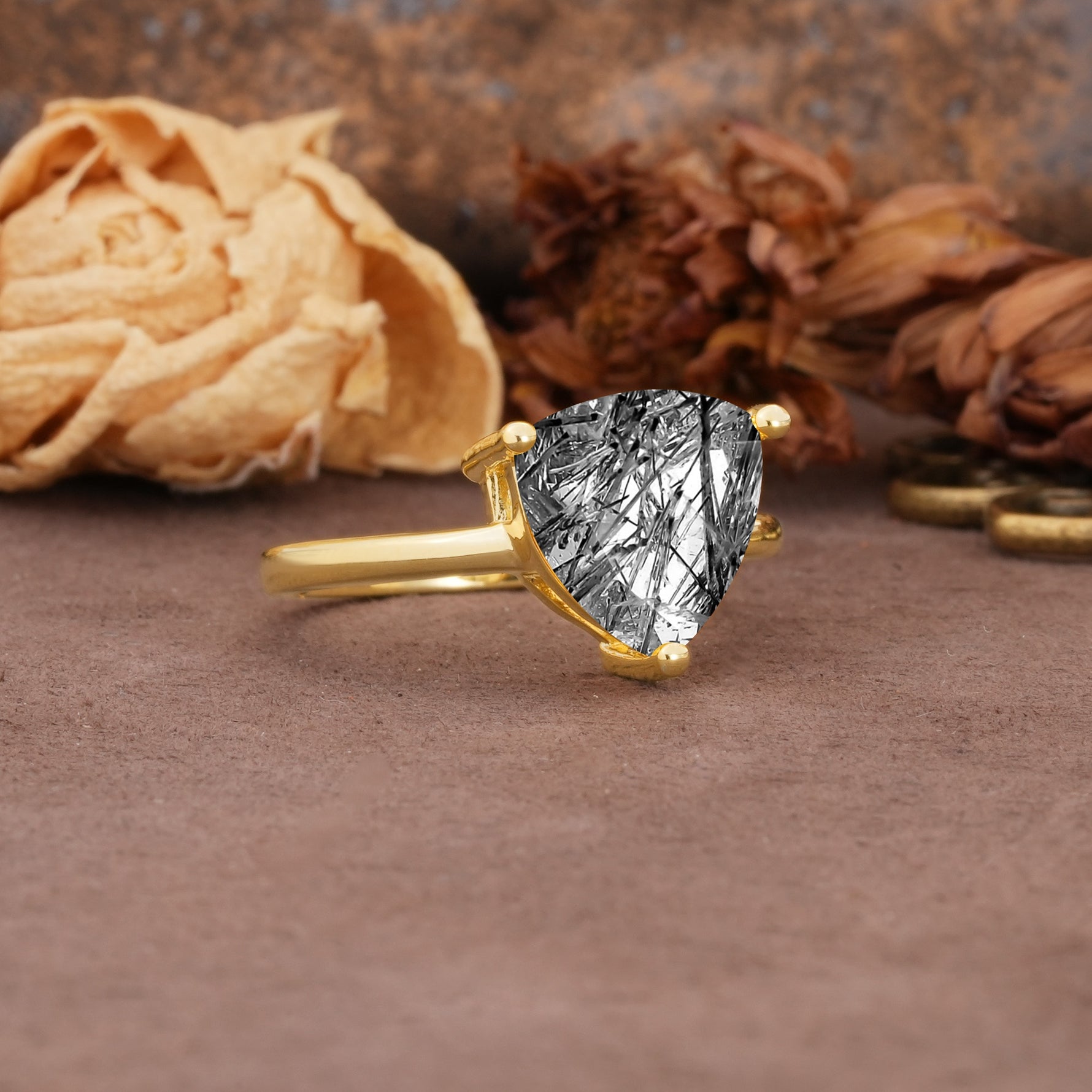 Unique, Minimalist 3-Prong Setting with Heart Cut Black Rutilated Quartz Engagement Ring - Additional view
