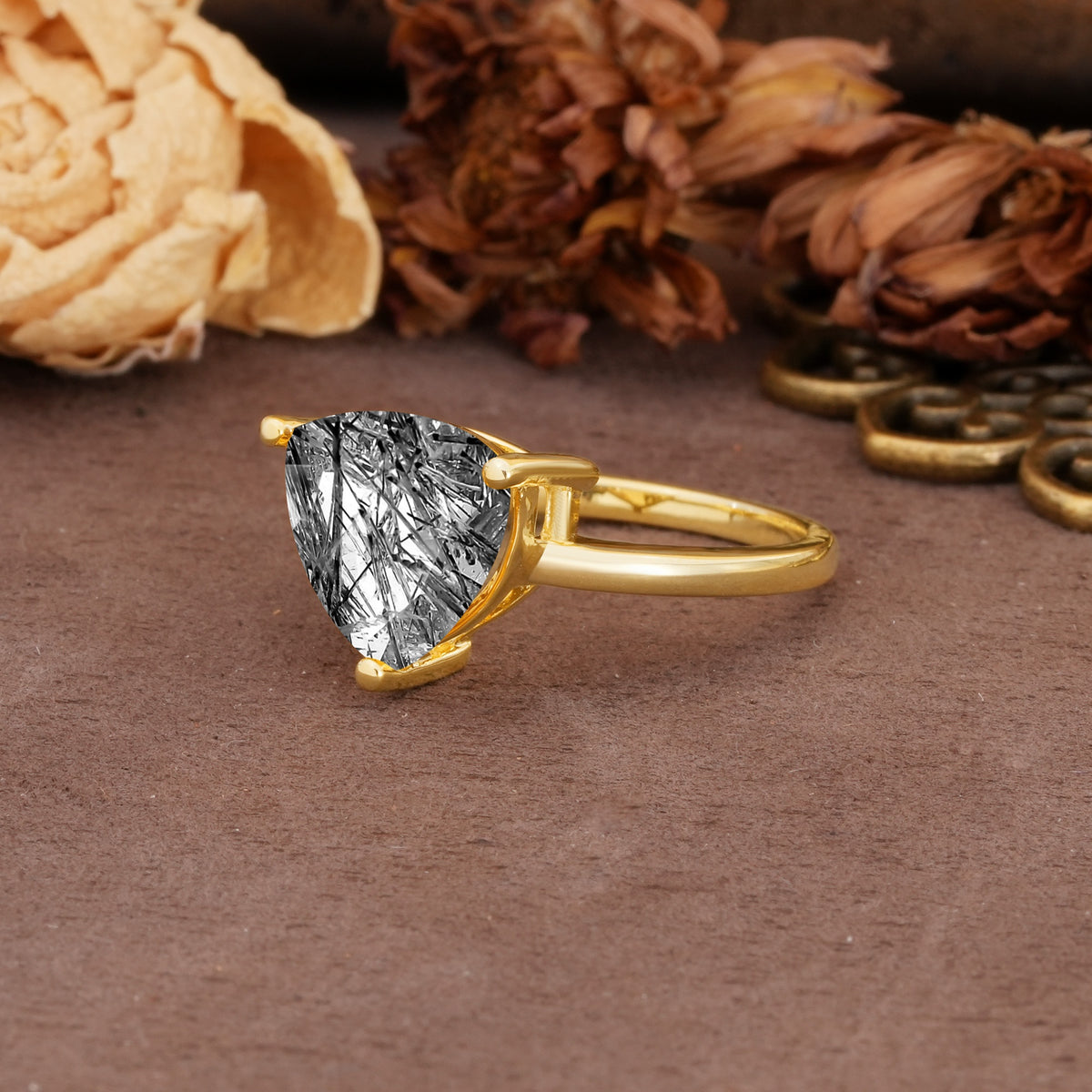 Unique, Minimalist 3-Prong Setting with Heart Cut Black Rutilated Quartz Engagement Ring - Additional view