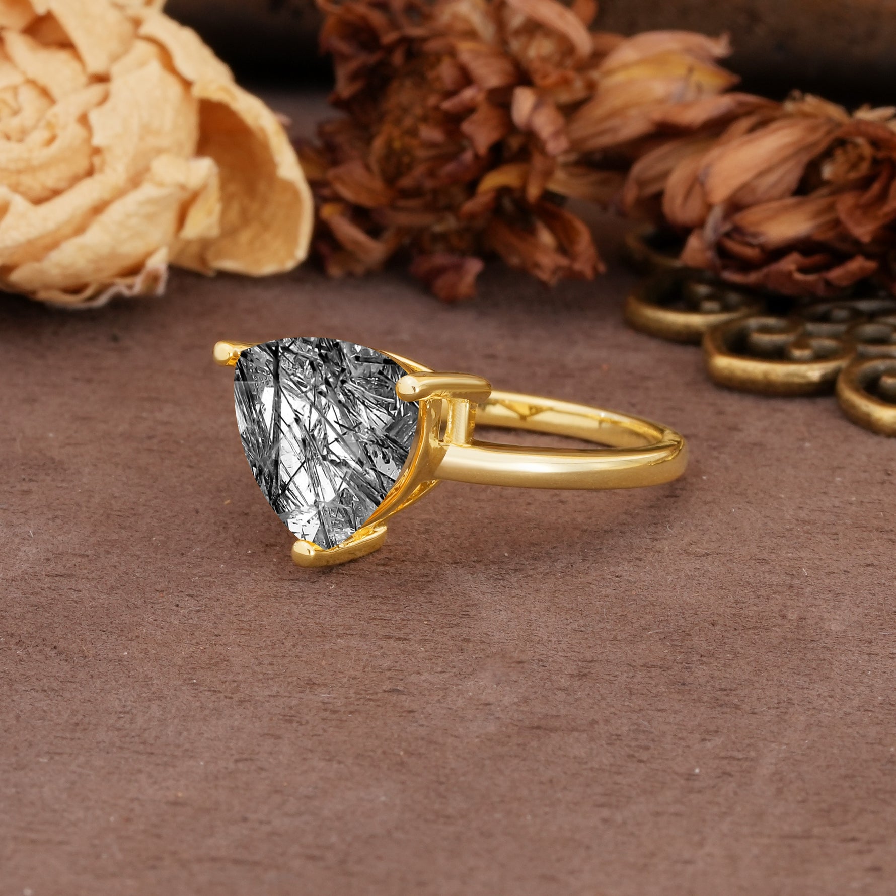 Unique, Minimalist 3-Prong Setting with Heart Cut Black Rutilated Quartz Engagement Ring - Additional view