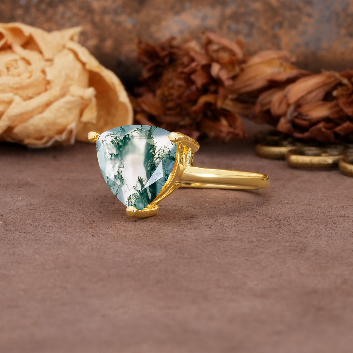 Unique, Minimalist 3-Prong Setting with Heart Cut Moss Agate Engagement Ring - Additional view