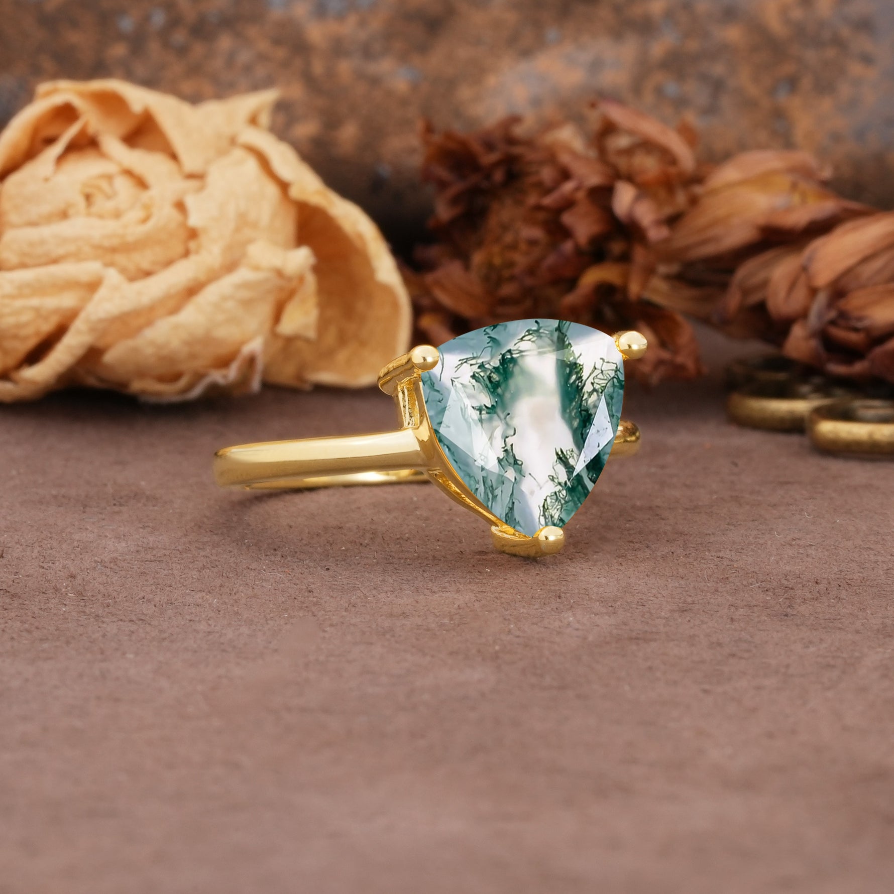 Unique, Minimalist 3-Prong Setting with Heart Cut Moss Agate Engagement Ring - Additional view