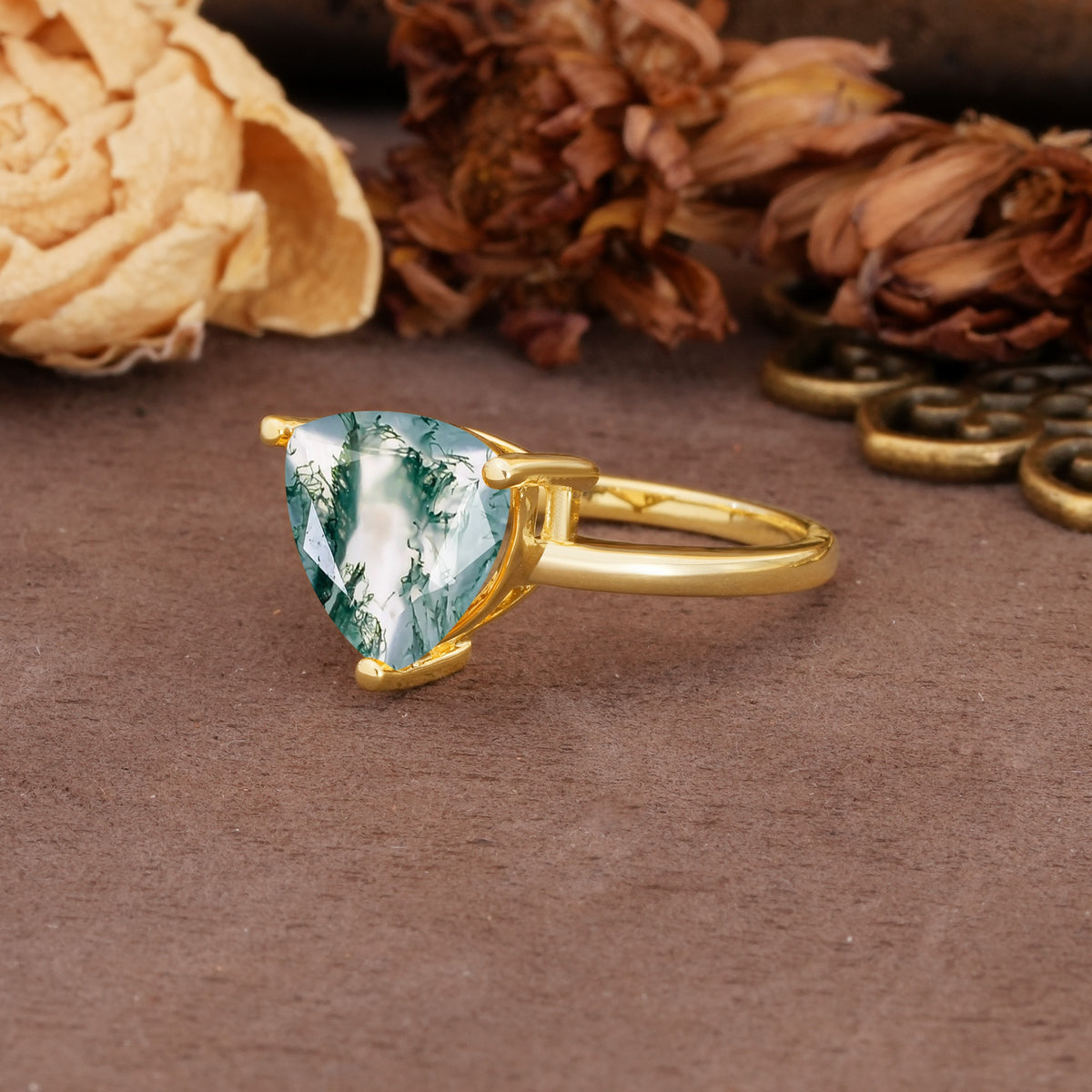 Unique, Minimalist 3-Prong Setting with Heart Cut Moss Agate Engagement Ring - Additional view