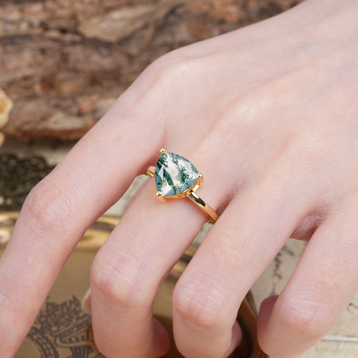 Unique, Minimalist 3-Prong Setting with Heart Cut Moss Agate Engagement Ring - Additional view
