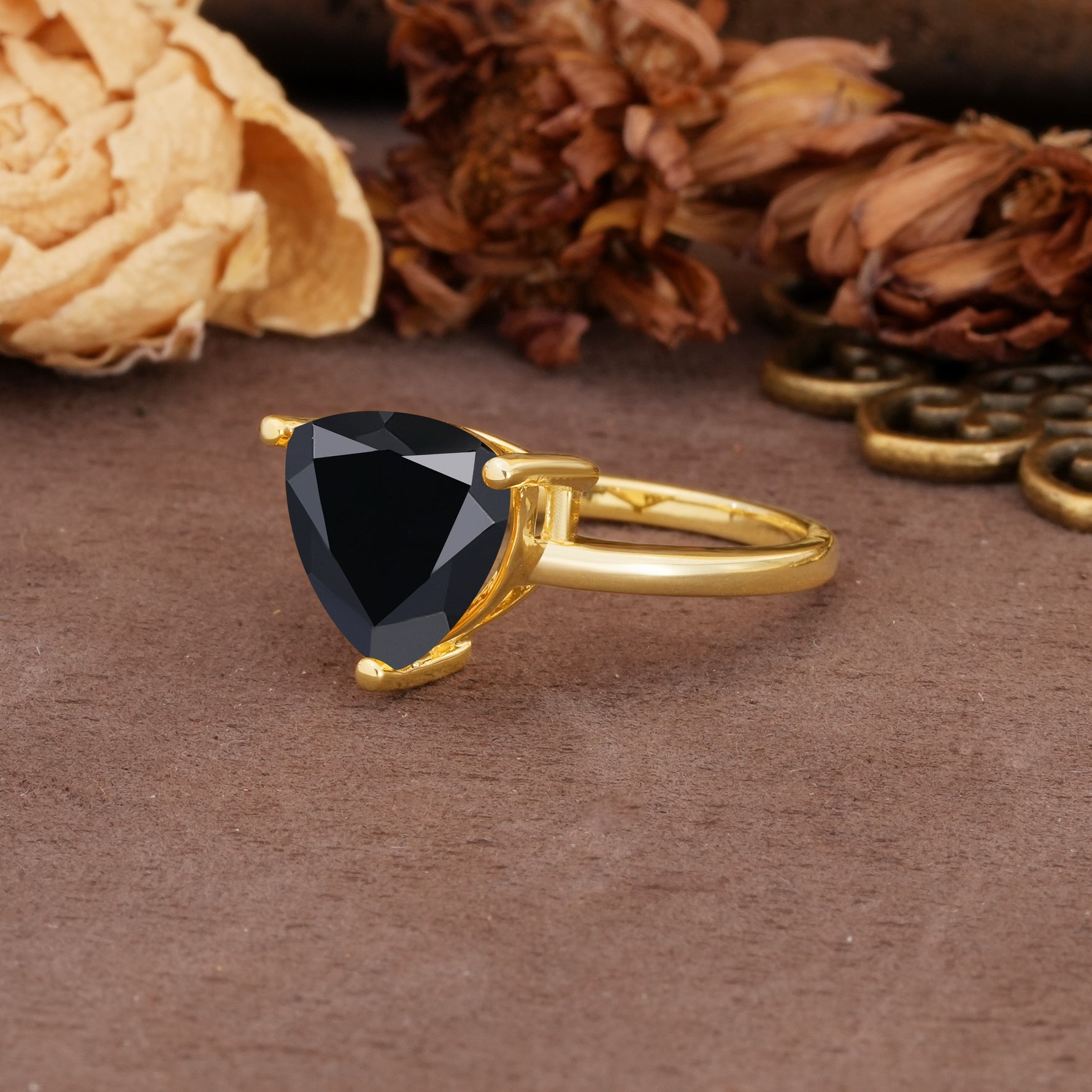 Unique, Minimalist 3-Prong Setting with Heart Cut Black Onyx Engagement Ring - Additional view