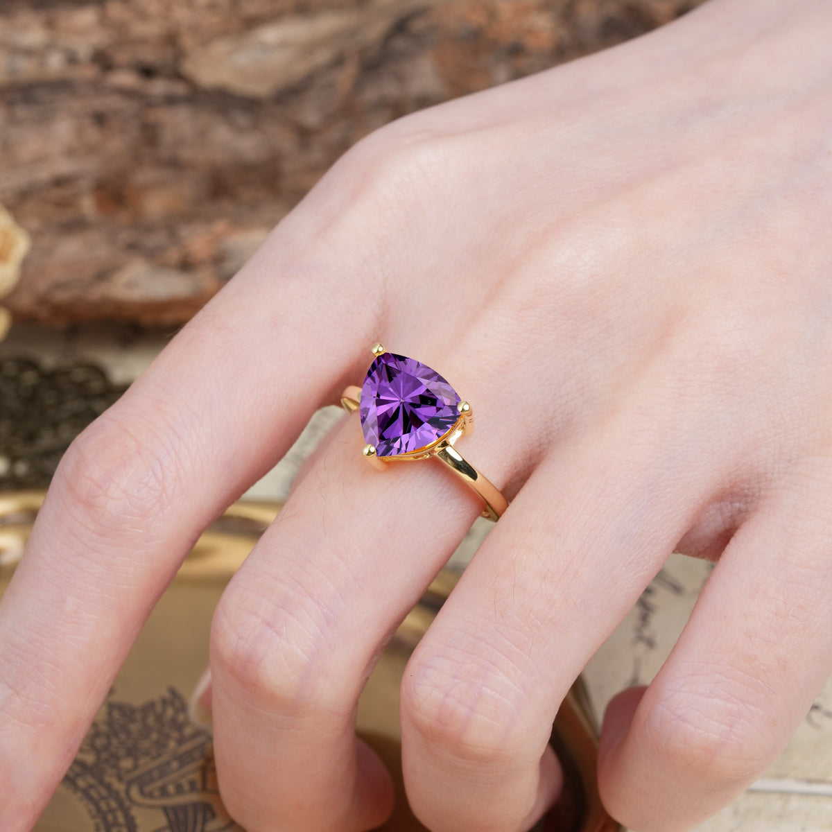 Unique, Minimalist 3-Prong Setting with Heart Cut Amethyst Engagement Ring - Additional view