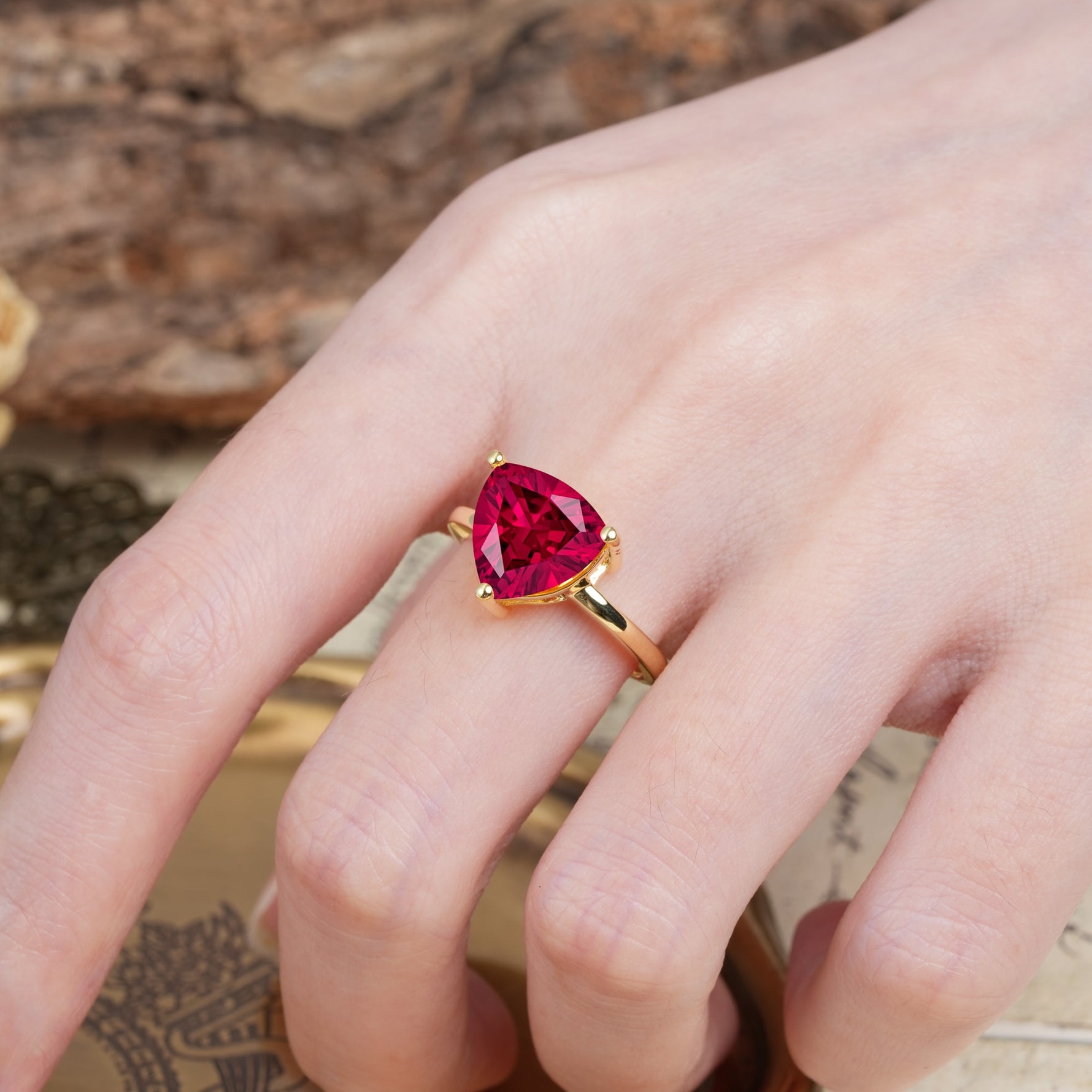 Unique, Minimalist 3-Prong Setting with Heart Cut Ruby Engagement Ring - Additional view