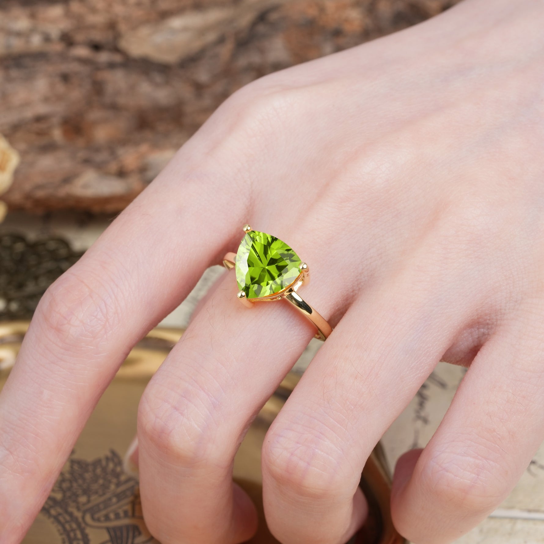 Unique, Minimalist 3-Prong Setting with Heart Cut Peridot Engagement Ring - Additional view