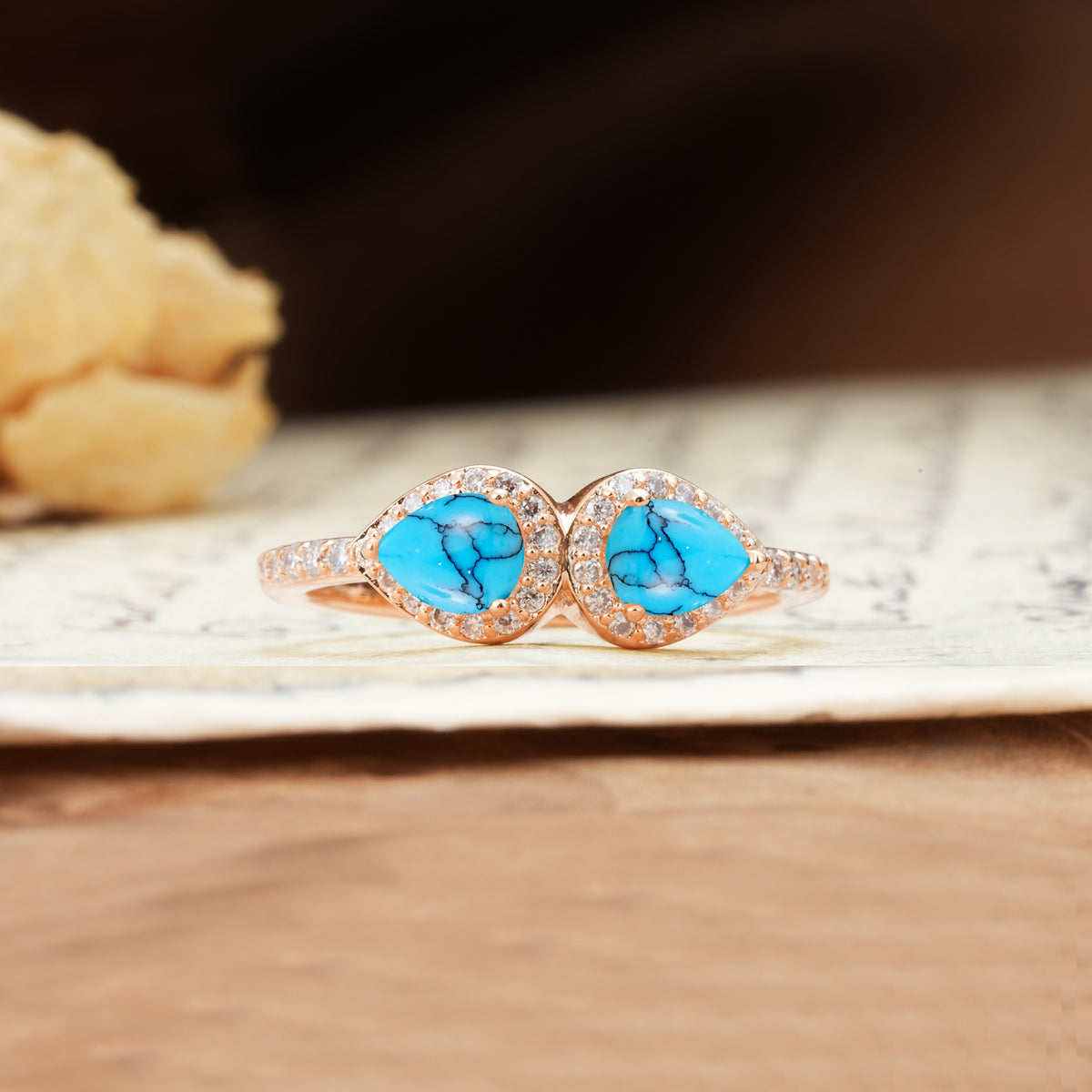 Classic Luxury 3-Prong Double Pear Cut Turquoise Wedding Ring - Additional view