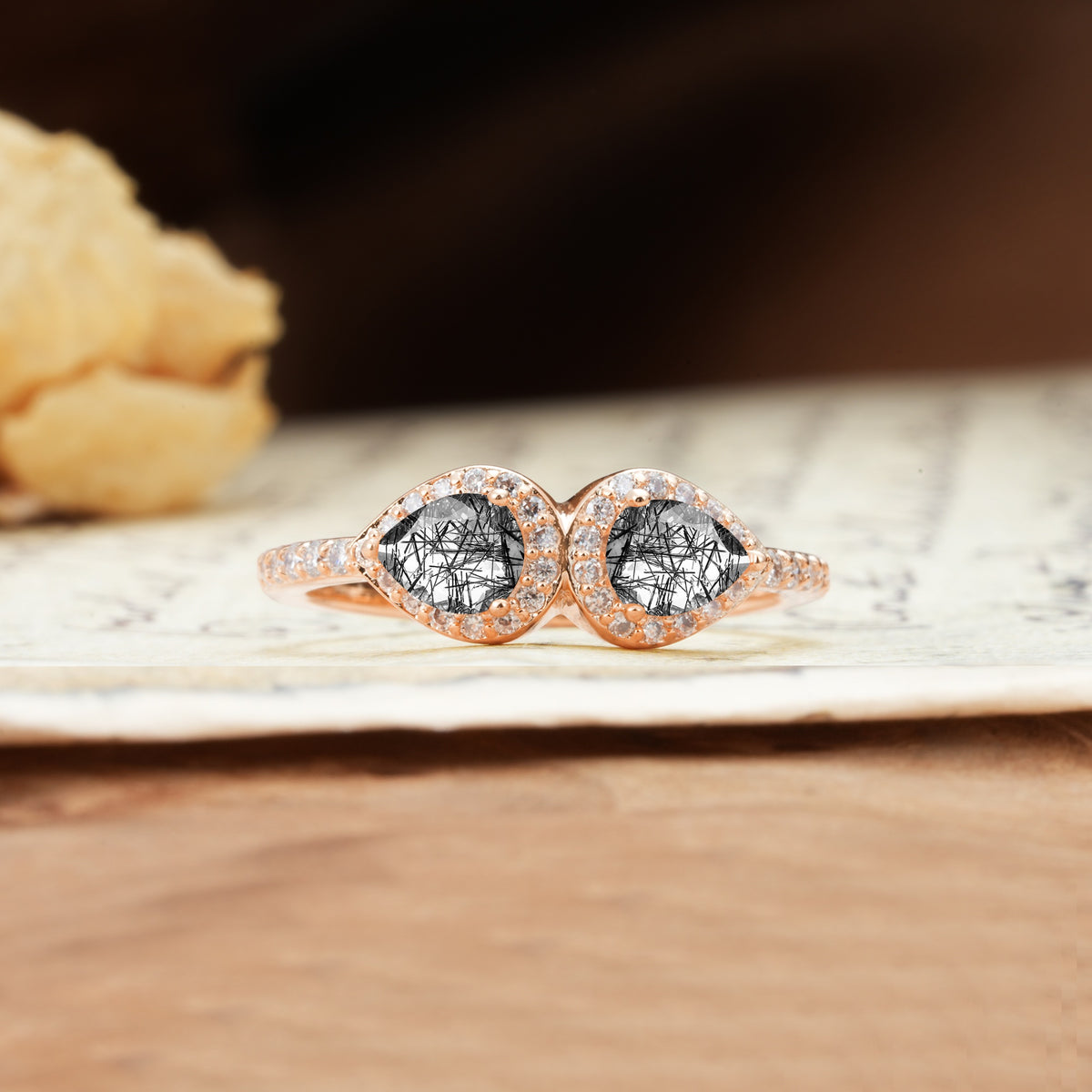 Classic Luxury 3-Prong Double Pear Cut Black Rutilated Quartz Wedding Ring - Additional view