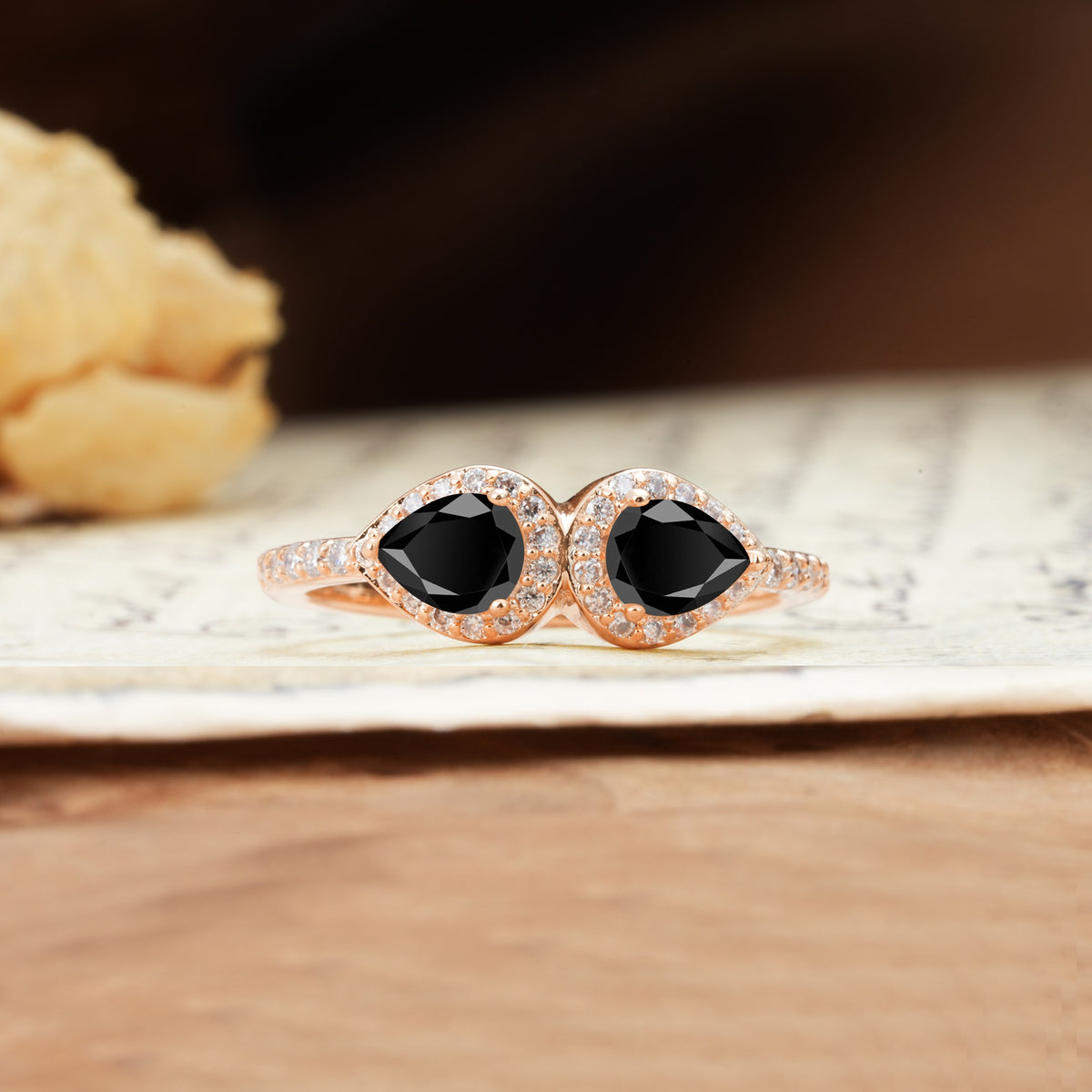 Classic Luxury 3-Prong Double Pear Cut Black Onyx Wedding Ring - Additional view