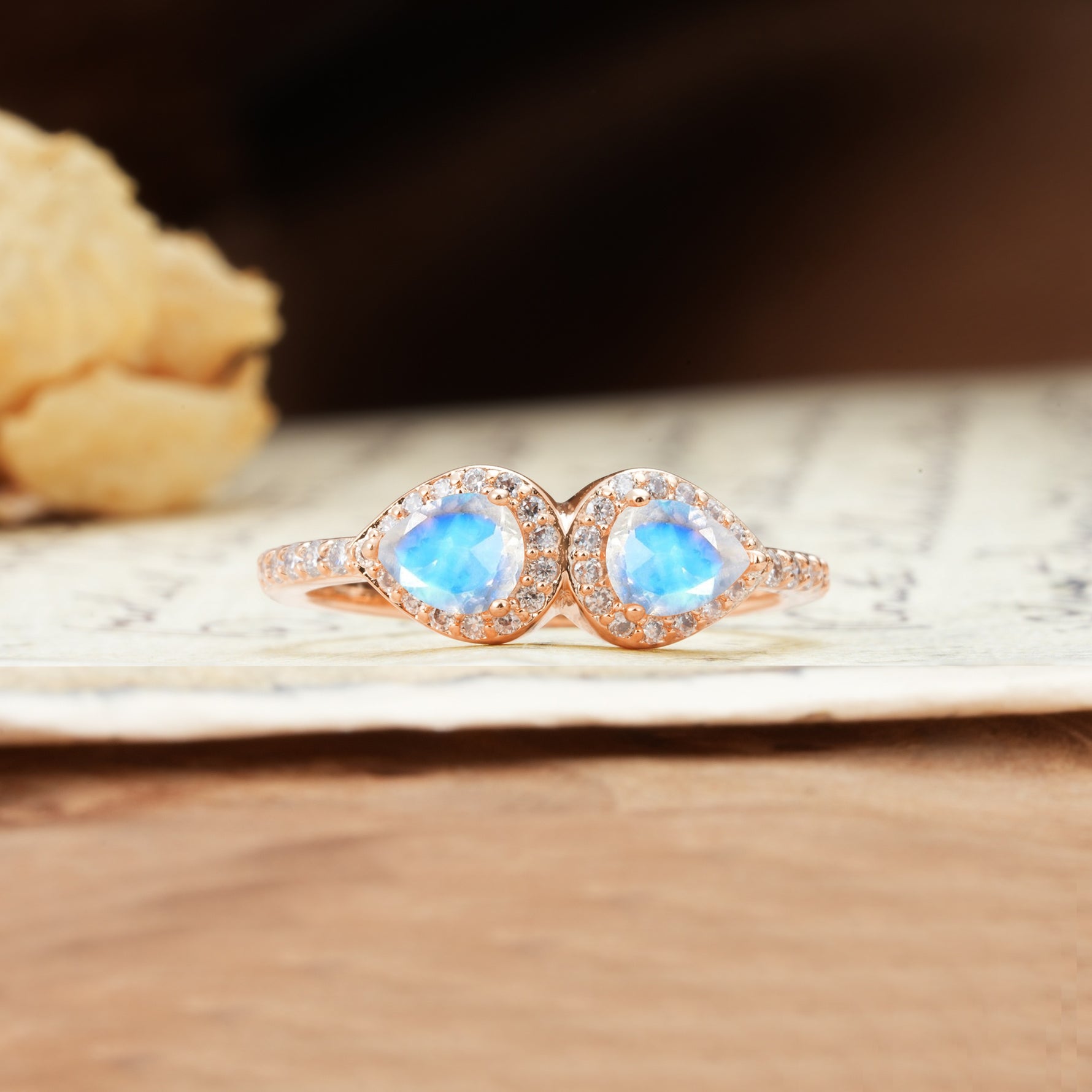 Classic Luxury 3-Prong Double Pear Cut Moonstone Wedding Ring - Additional view