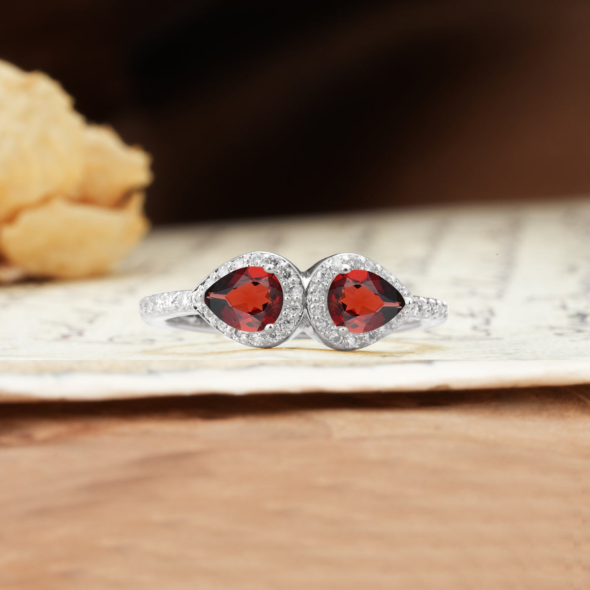 Classic Luxury 3-Prong Double Pear Cut Garnet Wedding Ring - Additional view