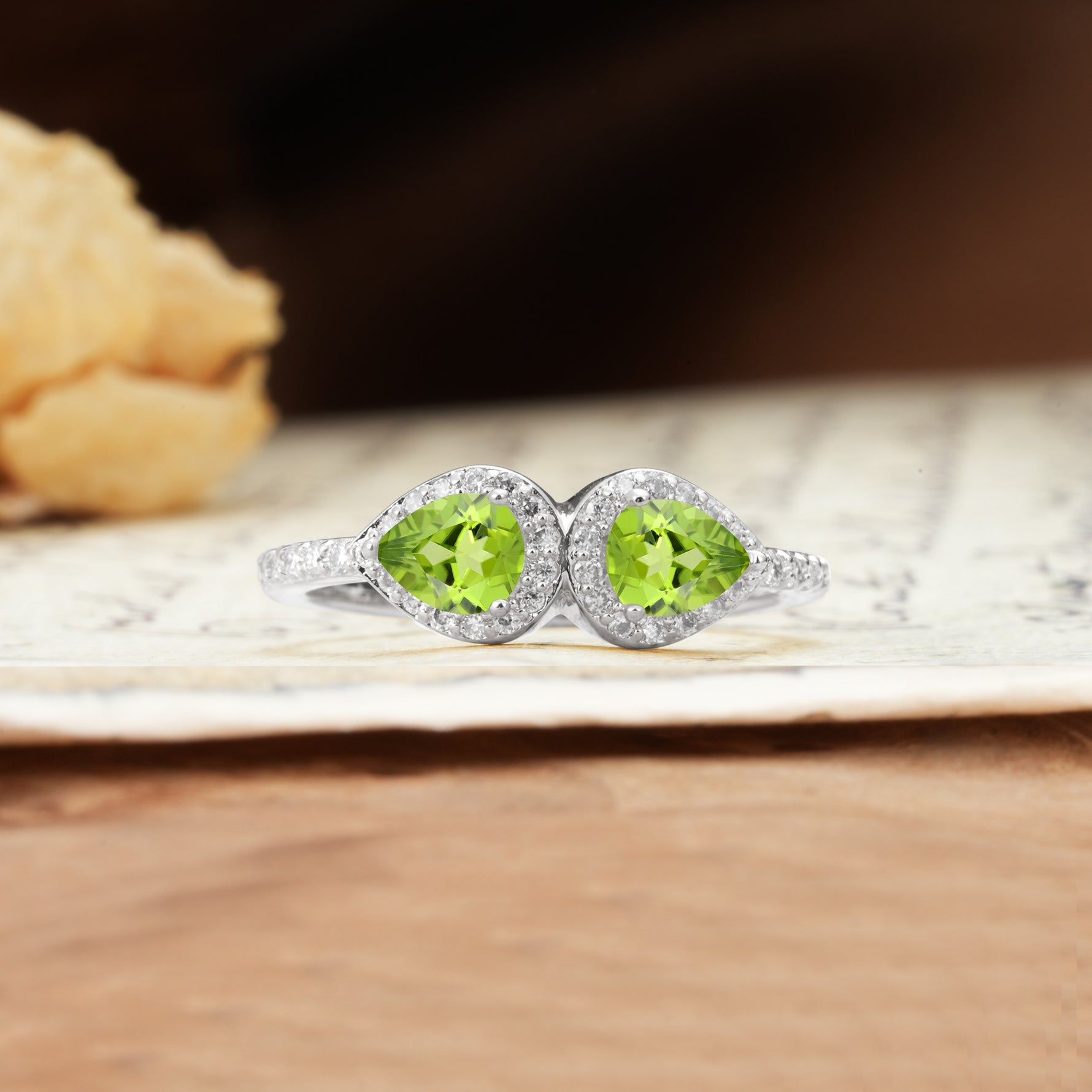 Classic Luxury 3-Prong Double Pear Cut Peridot Wedding Ring - Additional view