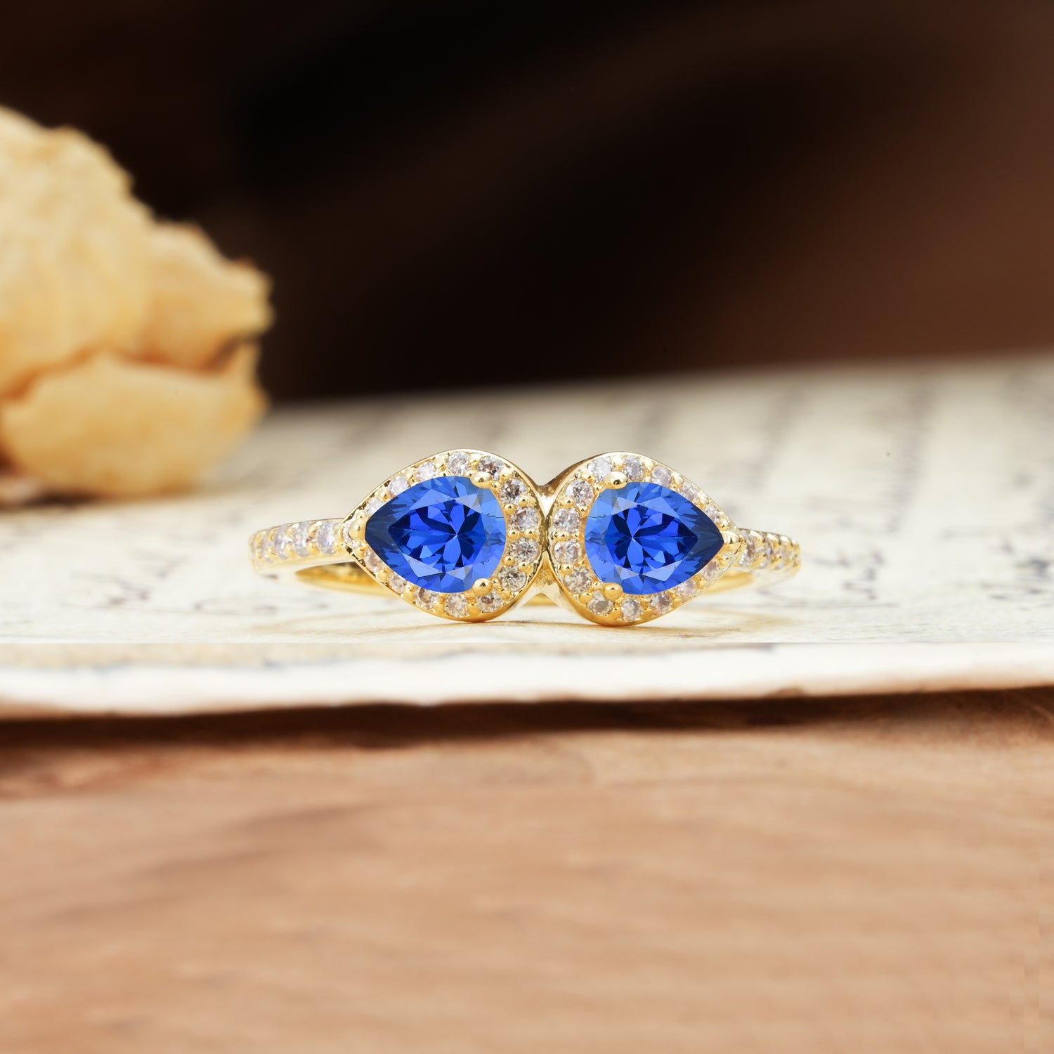 Classic Luxury 3-Prong Double Pear Cut Sapphire Wedding Ring - Additional view