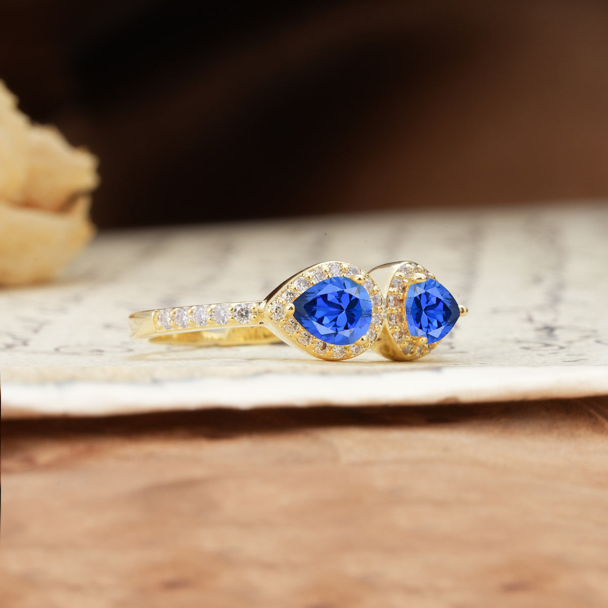 Classic Luxury 3-Prong Double Pear Cut Sapphire Wedding Ring - Additional view