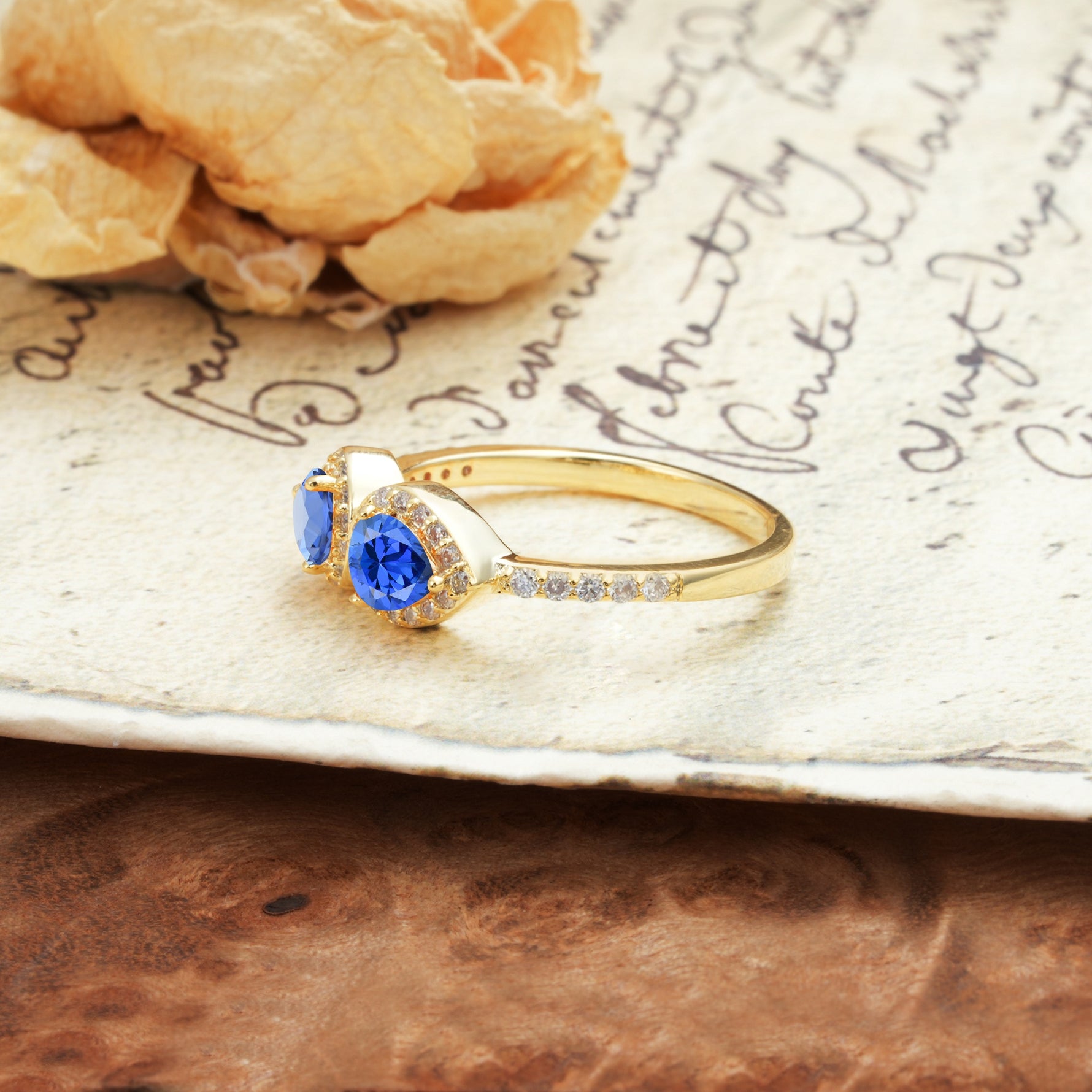 Classic Luxury 3-Prong Double Pear Cut Sapphire Wedding Ring - Additional view