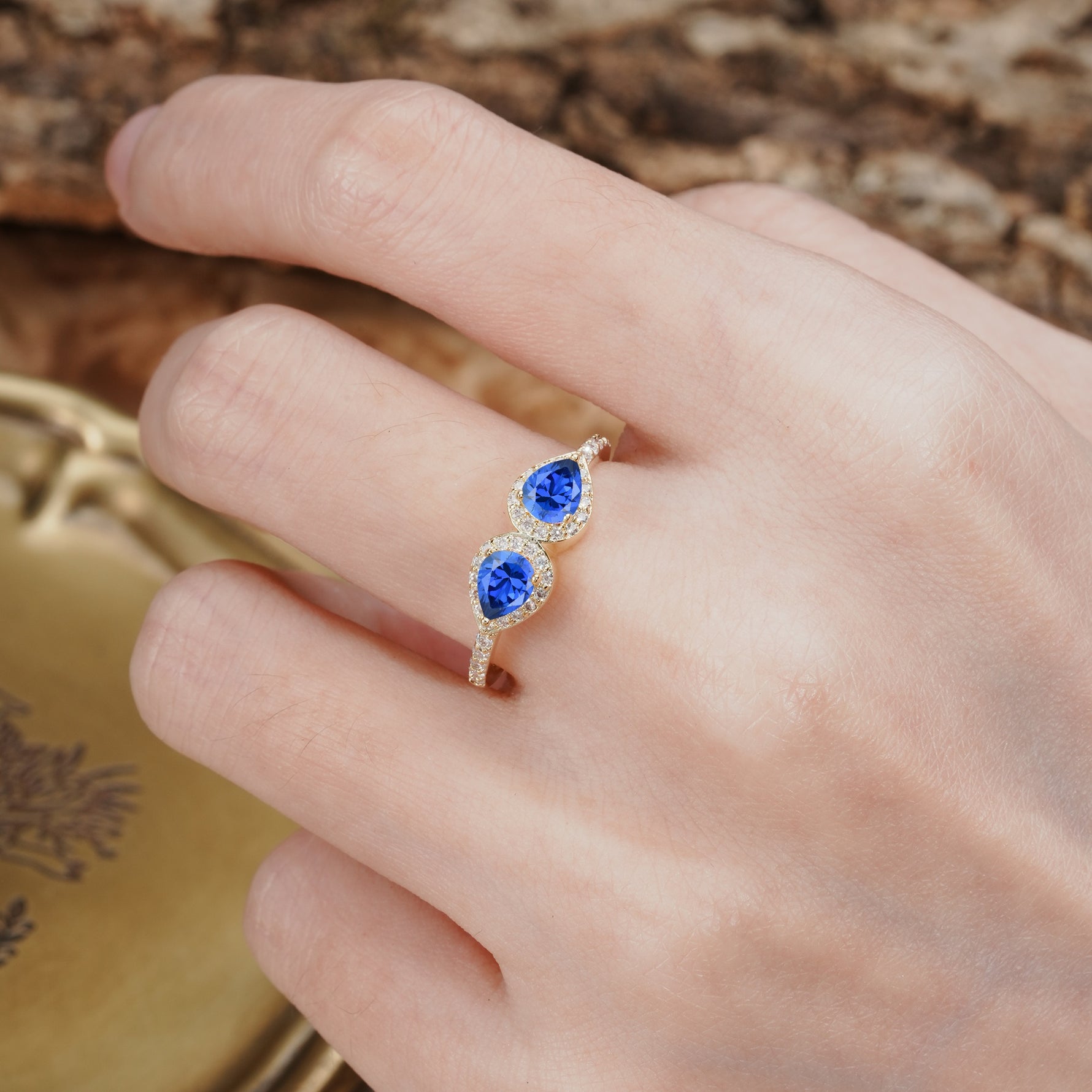 Classic Luxury 3-Prong Double Pear Cut Sapphire Wedding Ring - Additional view