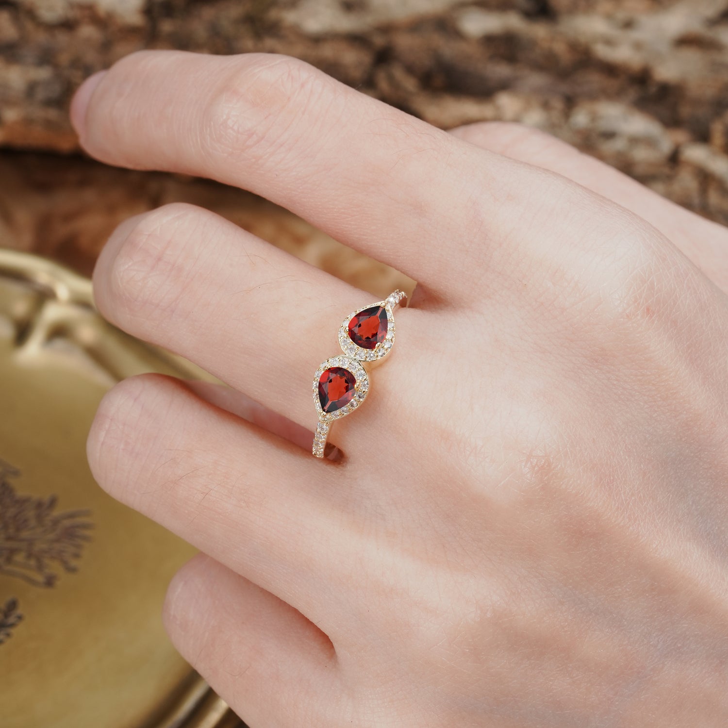 Classic Luxury 3-Prong Double Pear Cut Garnet Wedding Ring