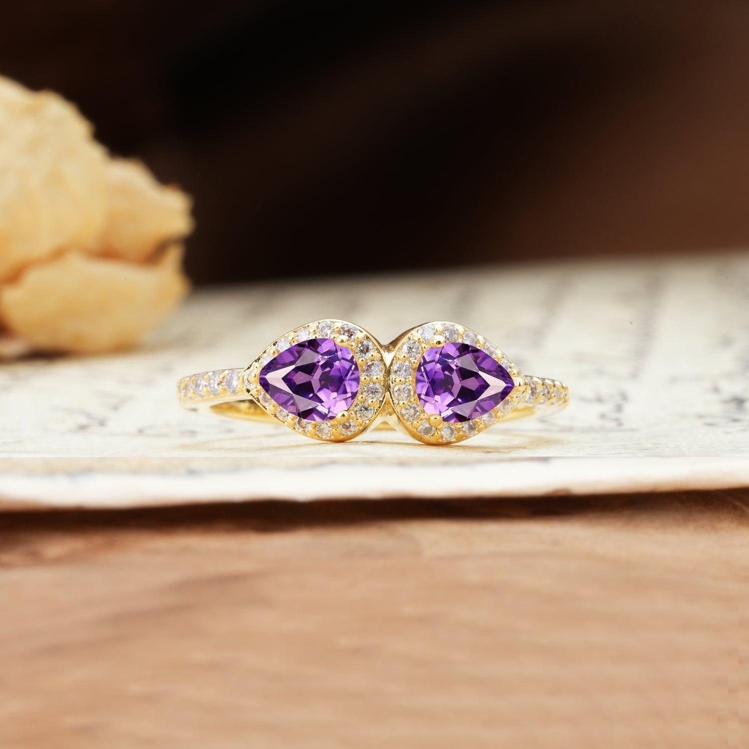 Classic Luxury 3-Prong Double Pear Cut Amethyst Wedding Ring