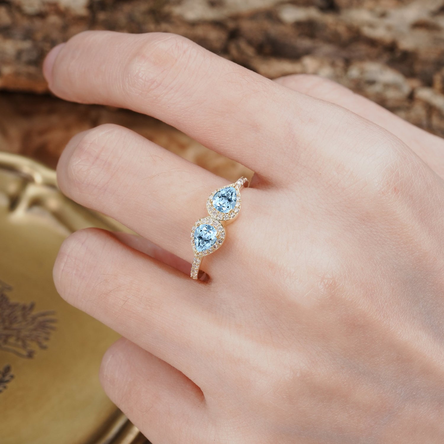 Classic Luxury 3-Prong Double Pear Cut Aquamarine Wedding Ring