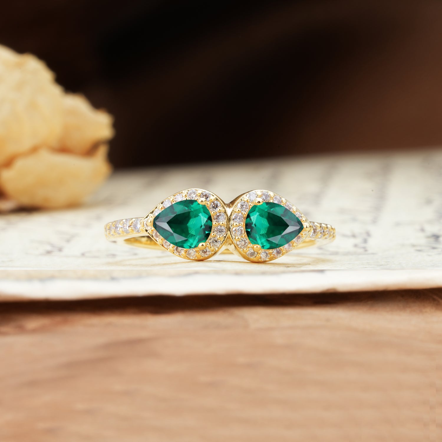 Classic Luxury 3-Prong Double Pear Cut Emerald Wedding Ring