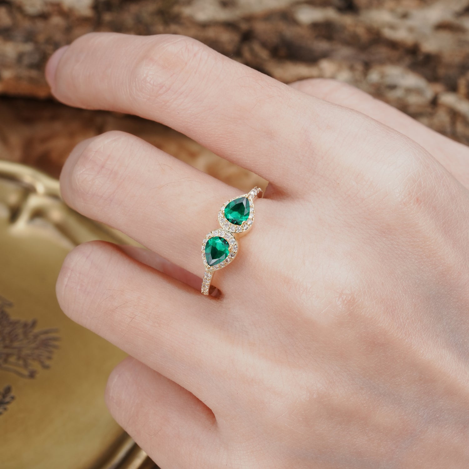 Classic Luxury 3-Prong Double Pear Cut Emerald Wedding Ring