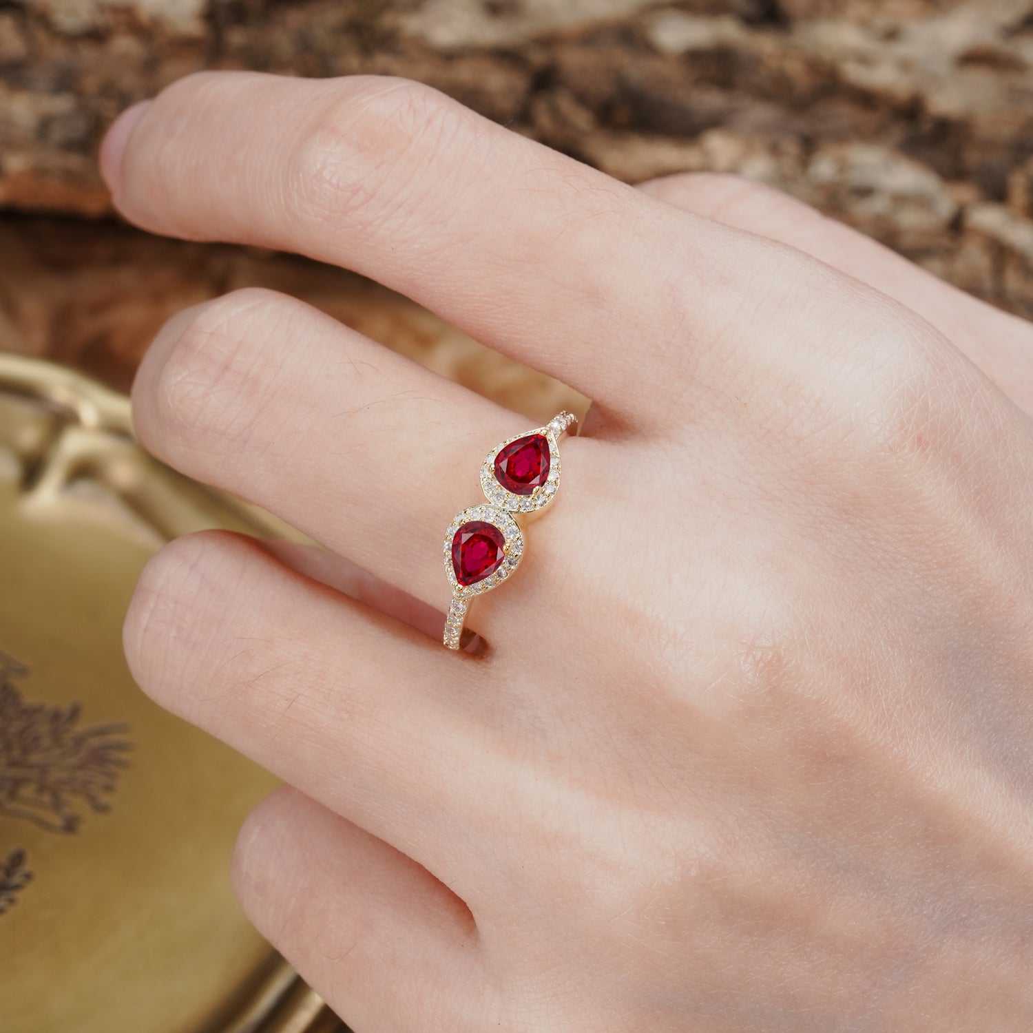 Classic Luxury 3-Prong Double Pear Cut Ruby Wedding Ring