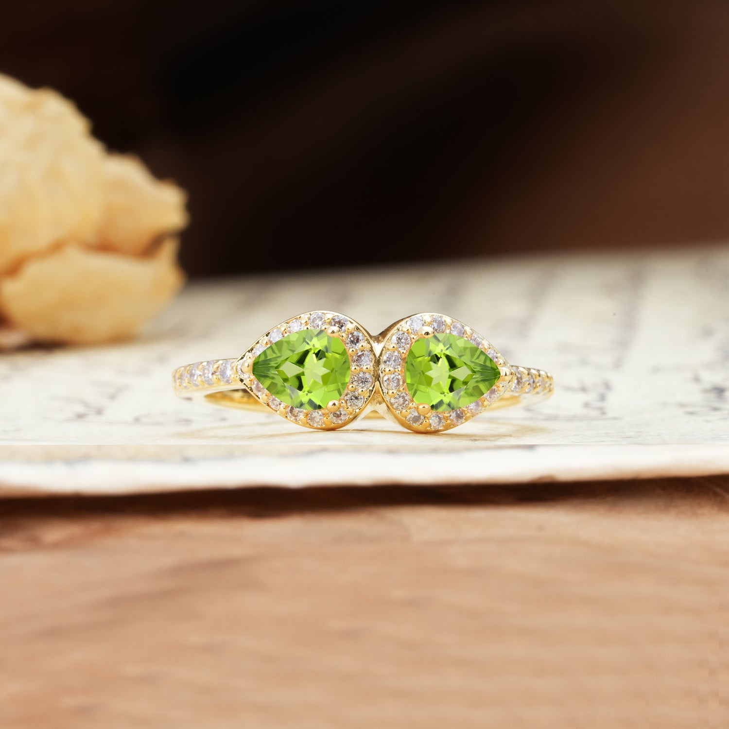 Classic Luxury 3-Prong Double Pear Cut Peridot Wedding Ring