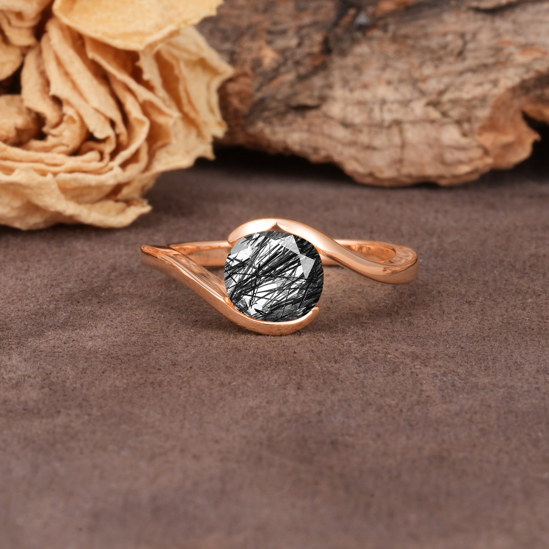 Unique Twisted, Entwined Round Cut Black Rutilated Quartz Engagement Ring - Additional view