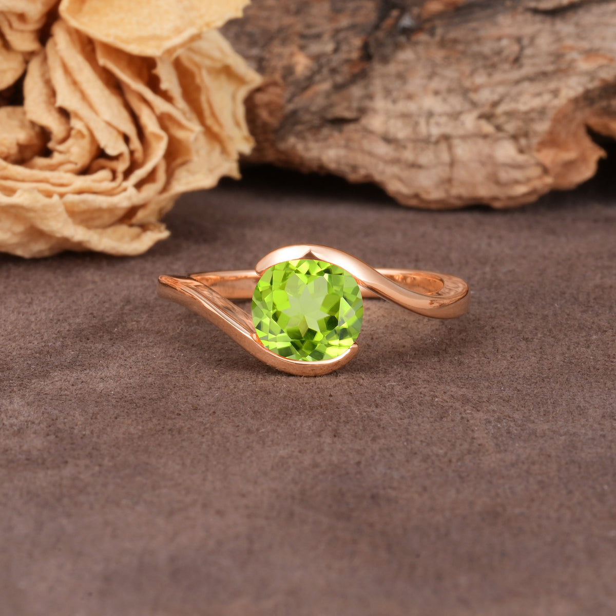 Unique Twisted, Entwined Round Cut Peridot Engagement Ring - Additional view