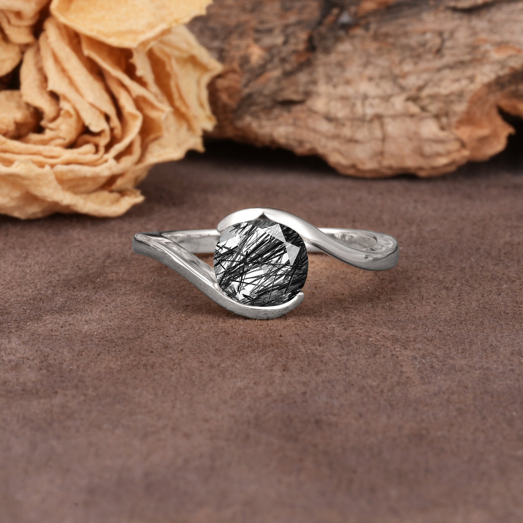 Unique Twisted, Entwined Round Cut Black Rutilated Quartz Engagement Ring - Additional view