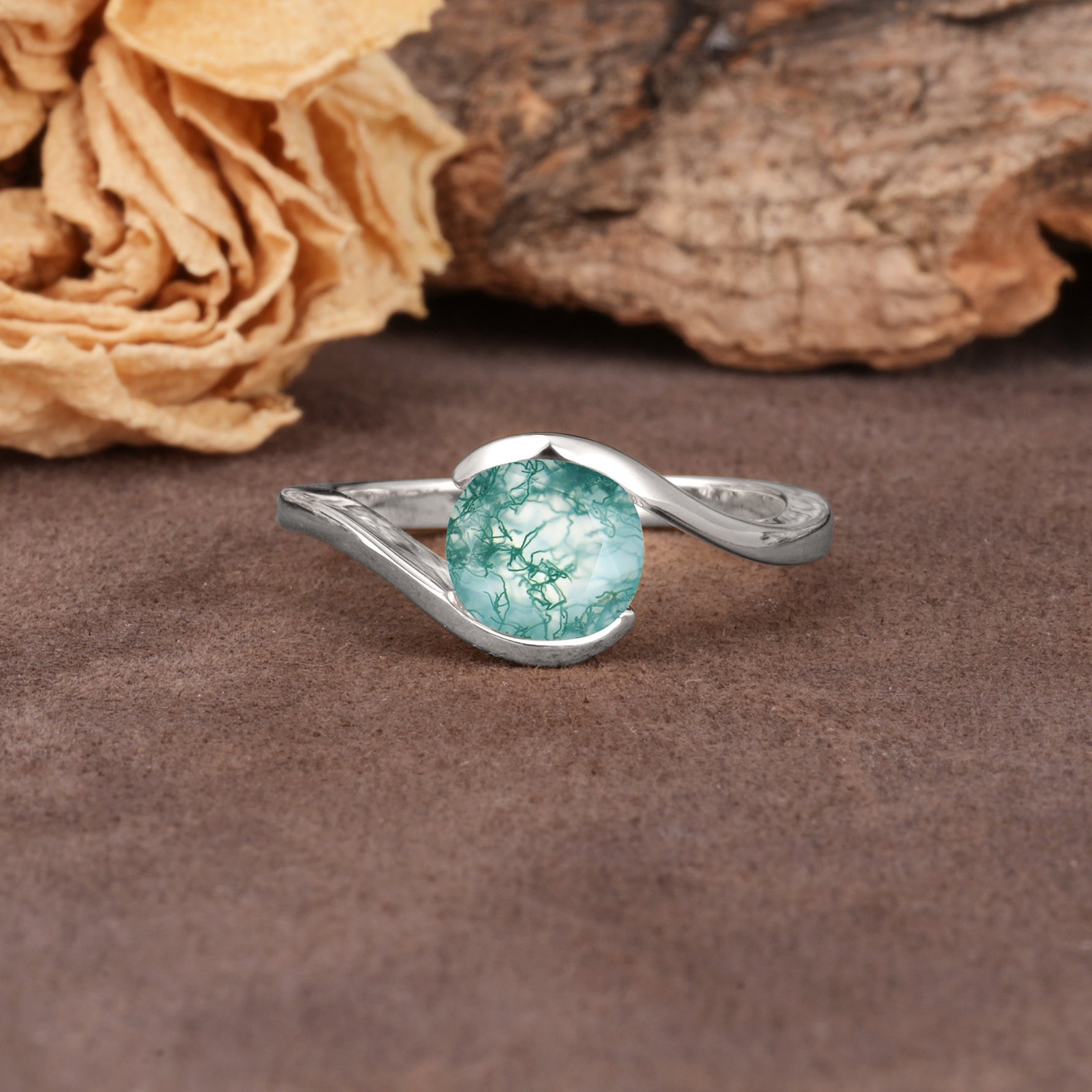 Unique Twisted, Entwined Round Cut Moss Agate Engagement Ring - Additional view