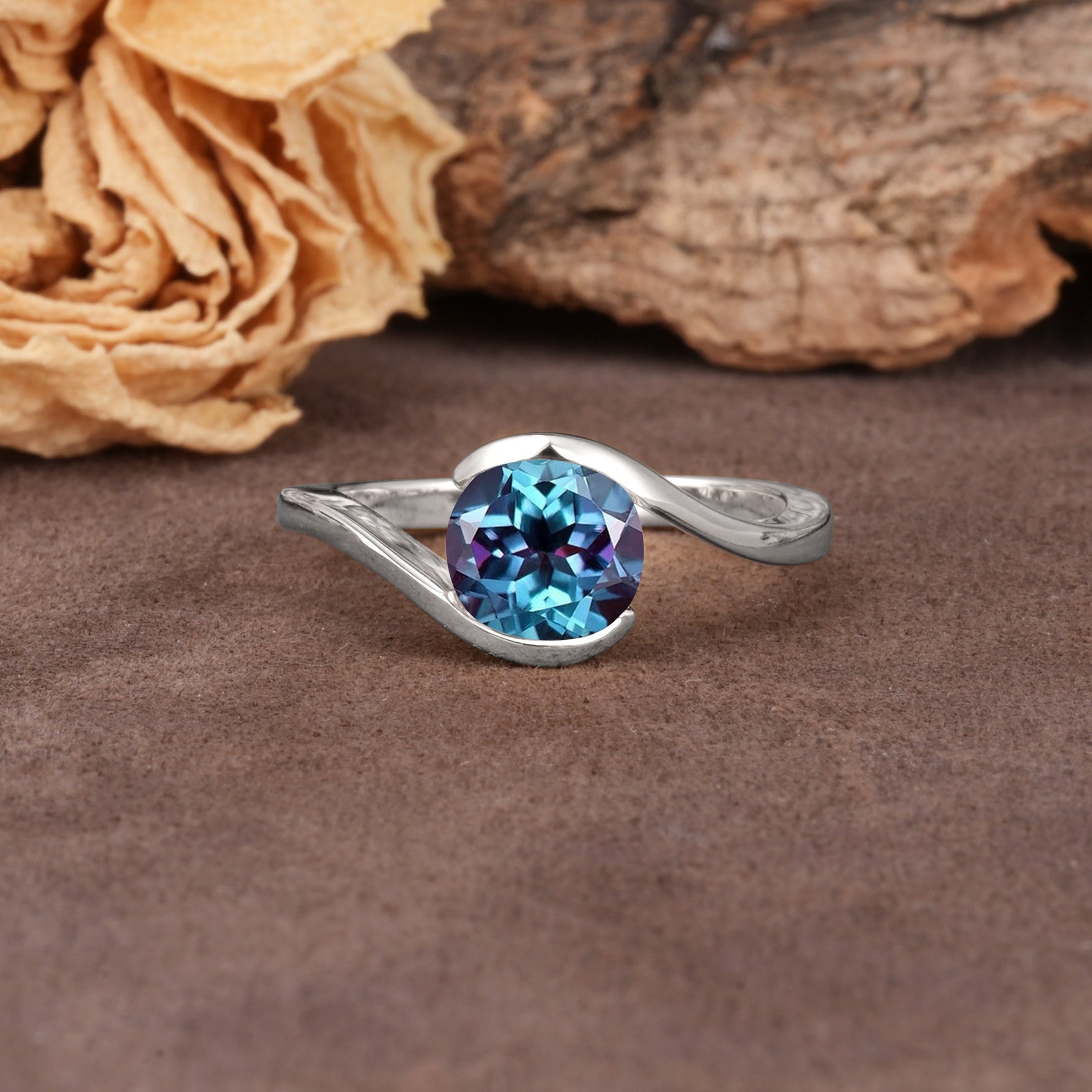 Unique Twisted, Entwined Round Cut Alexandrite Engagement Ring - Additional view