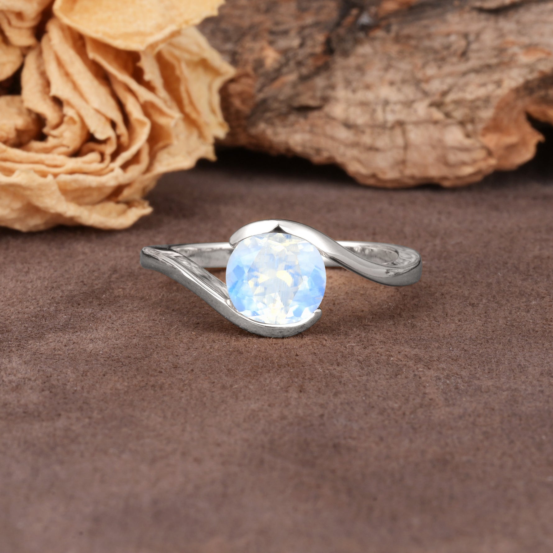 Unique Twisted, Entwined Round Cut Moonstone Engagement Ring - Additional view