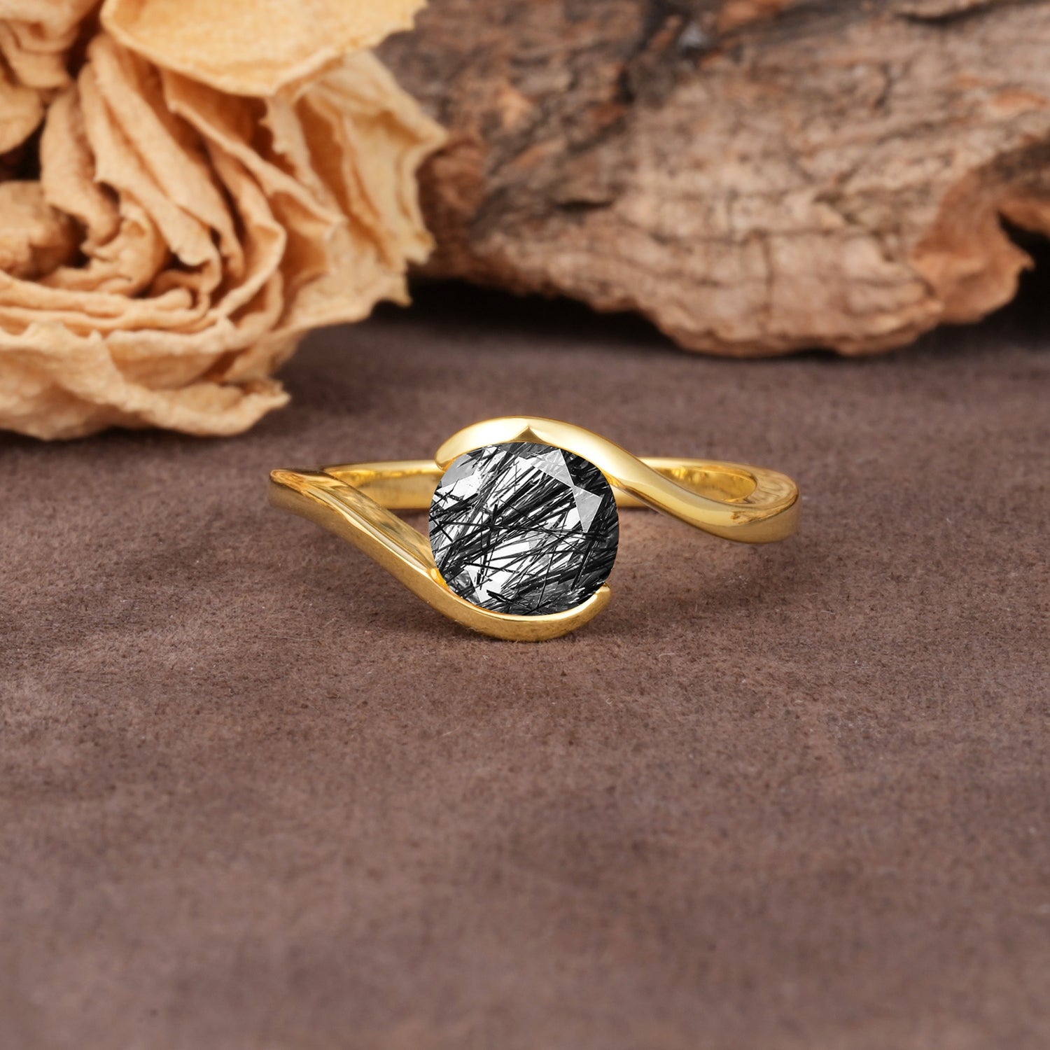 Unique Twisted, Entwined Round Cut Black Rutilated Quartz Engagement Ring - Additional view