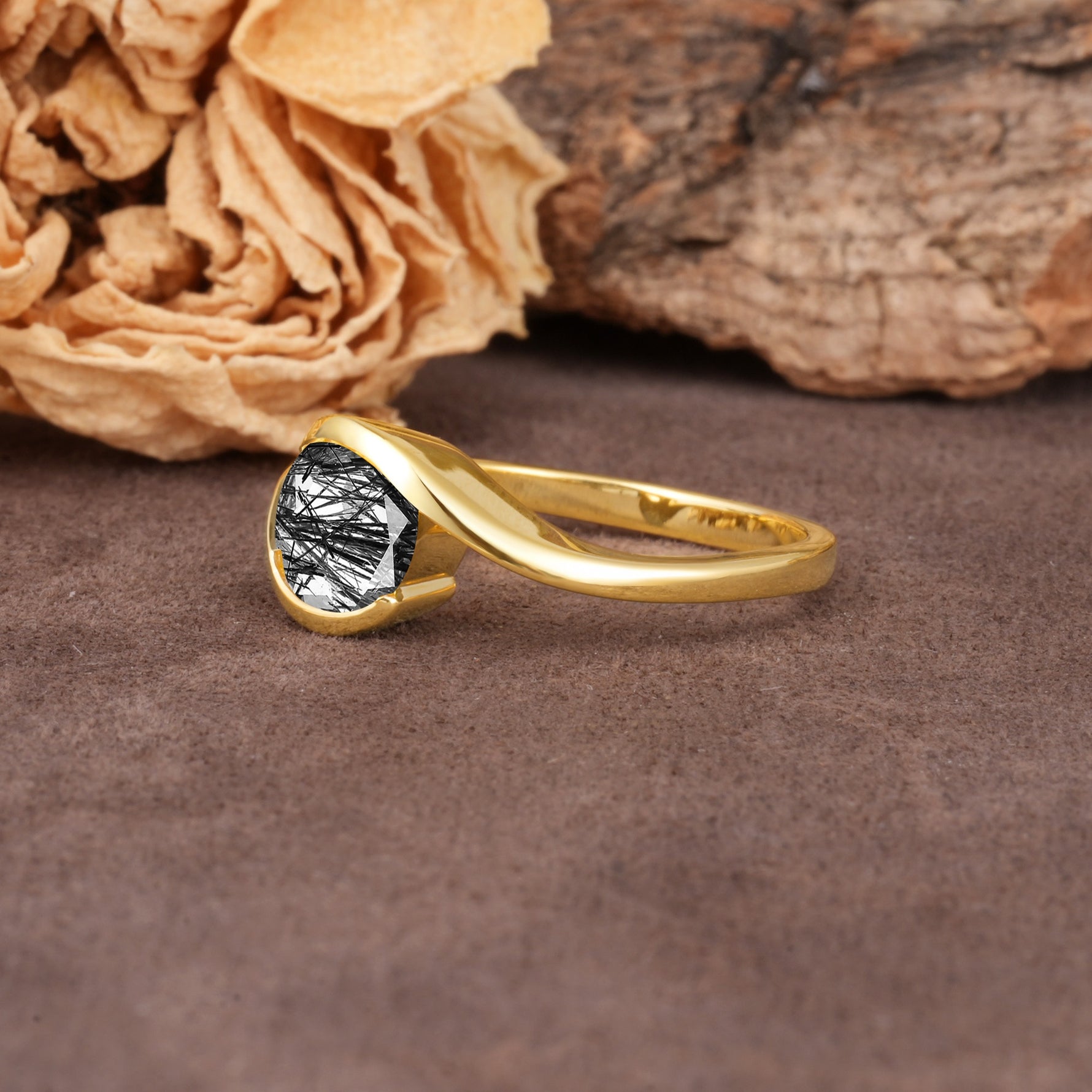 Unique Twisted, Entwined Round Cut Black Rutilated Quartz Engagement Ring - Additional view