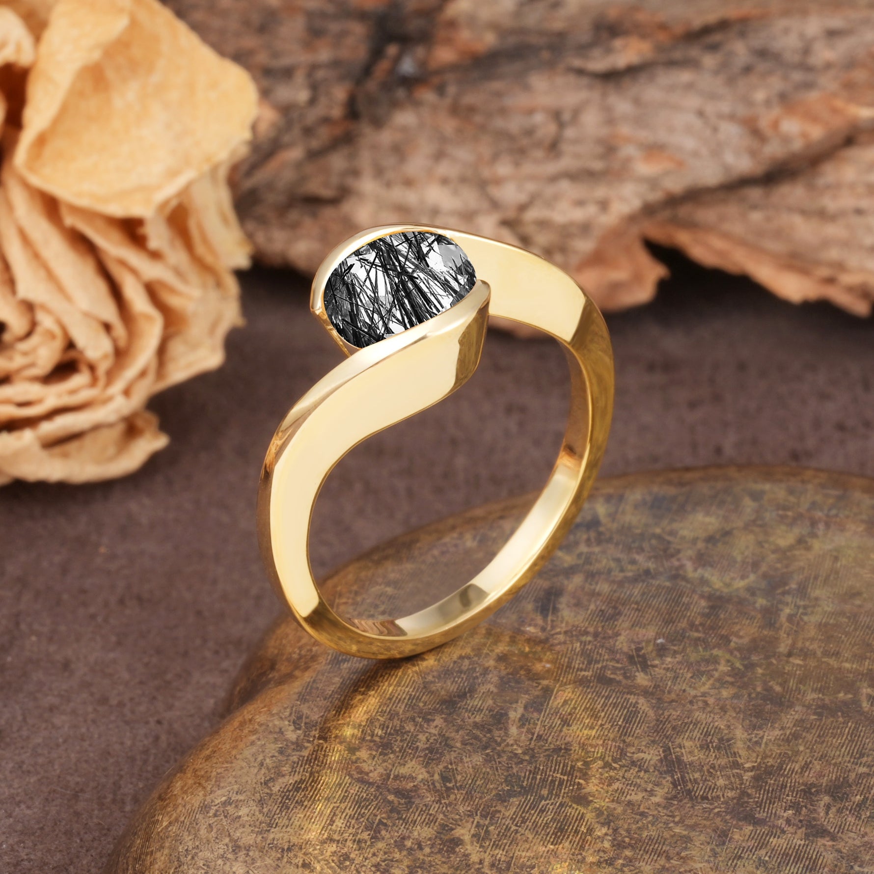 Unique Twisted, Entwined Round Cut Black Rutilated Quartz Engagement Ring - Additional view