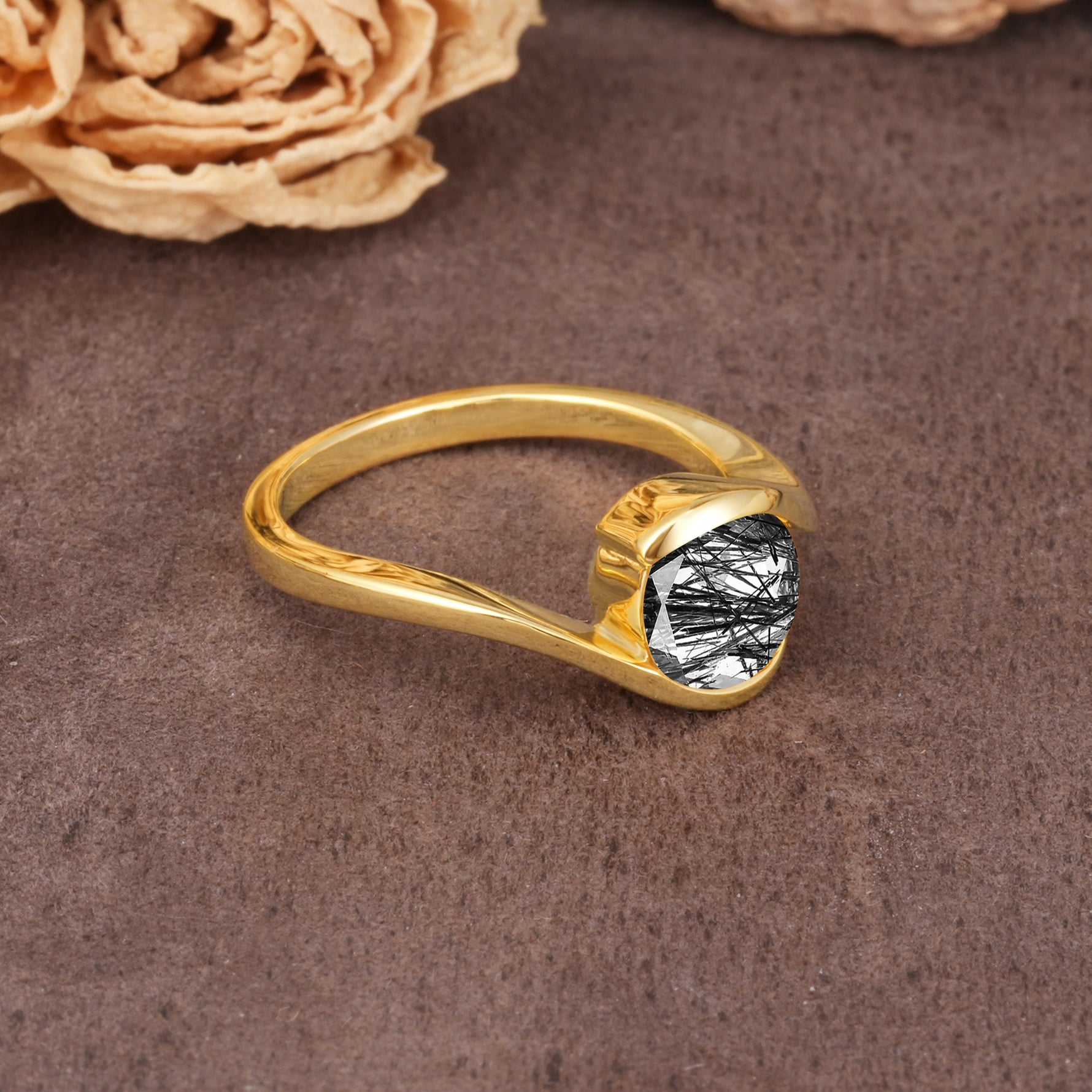 Unique Twisted, Entwined Round Cut Black Rutilated Quartz Engagement Ring - Additional view