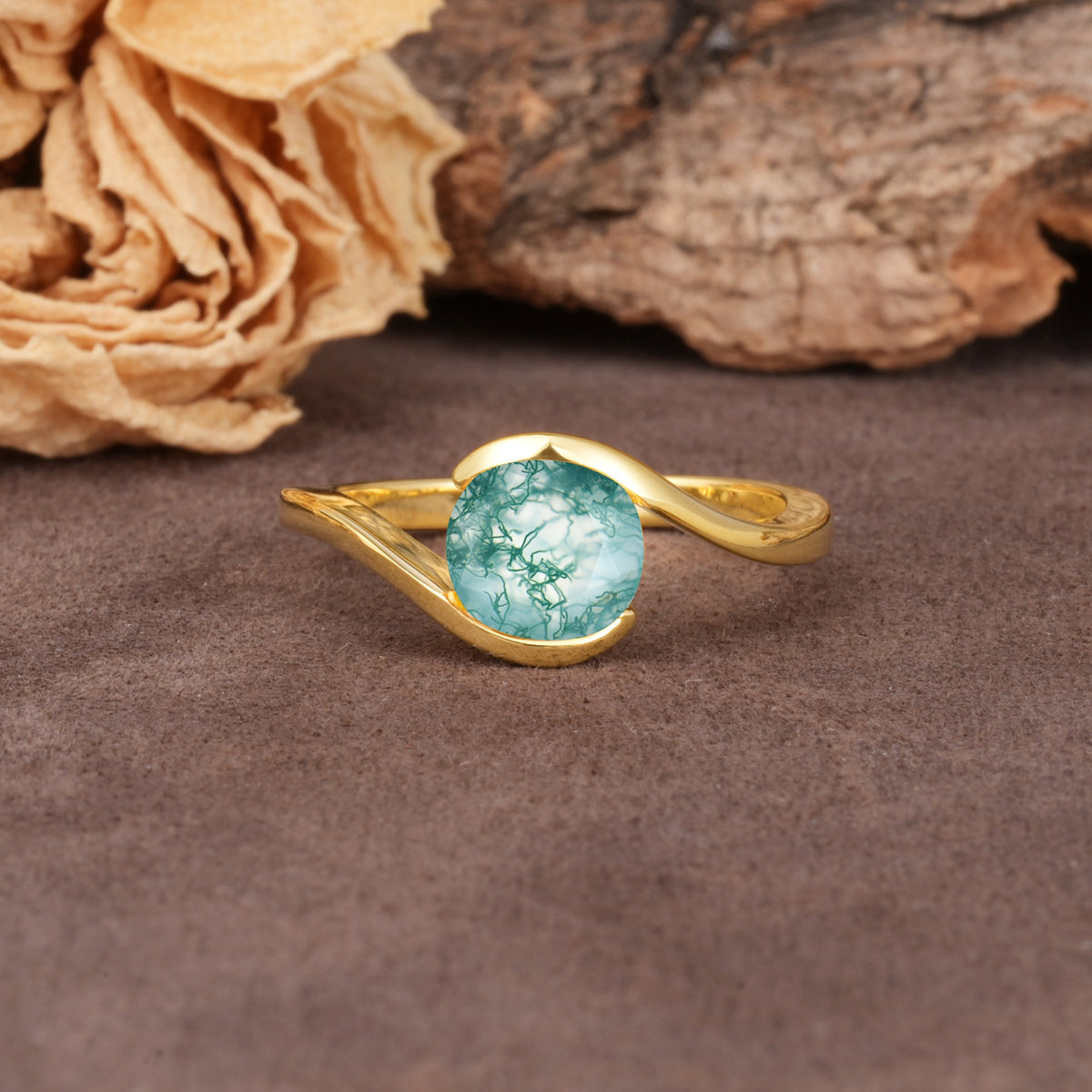 Unique Twisted, Entwined Round Cut Moss Agate Engagement Ring - Additional view